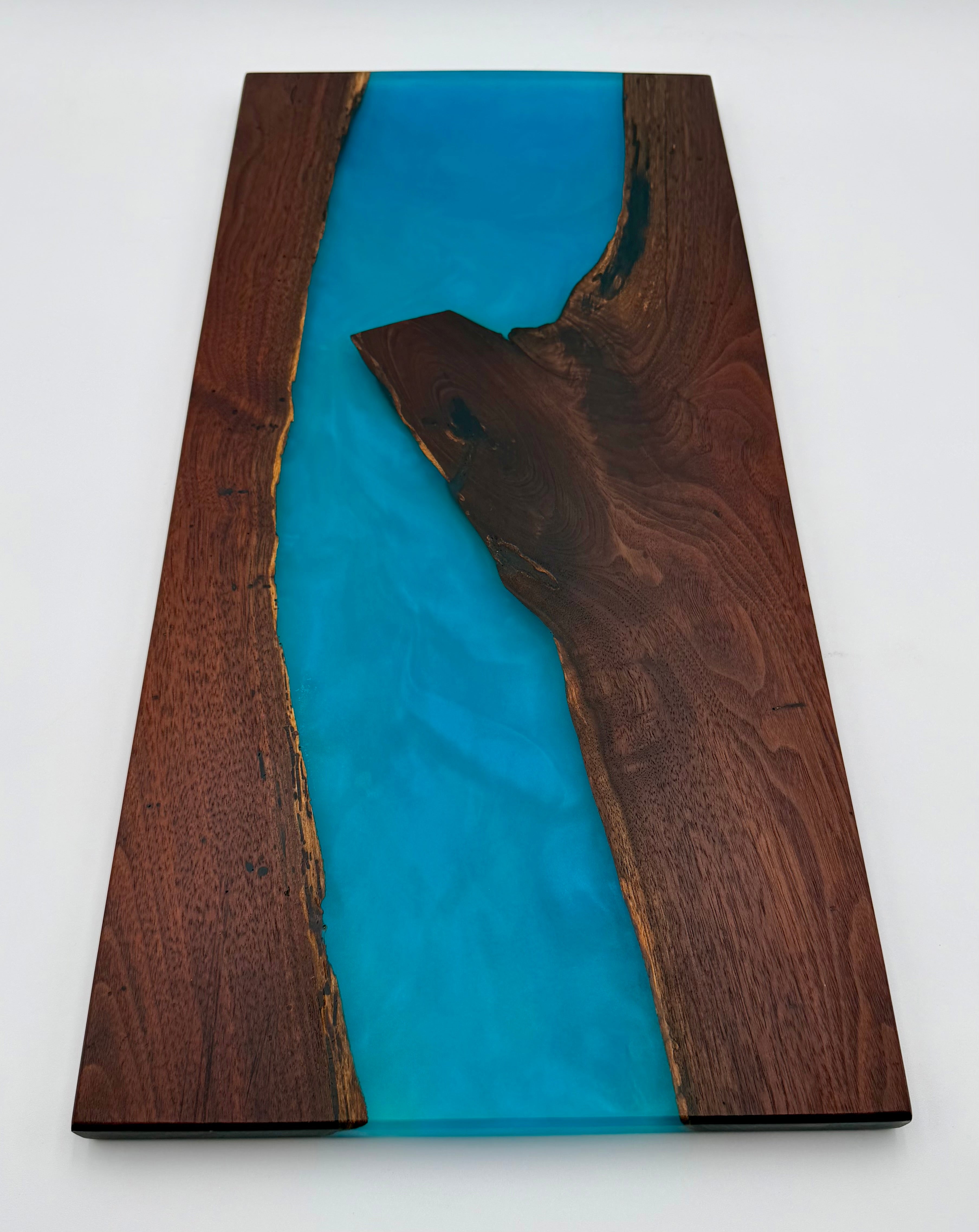 Handcrafted Live Edge Black Walnut & Ocean Blue Epoxy River Board