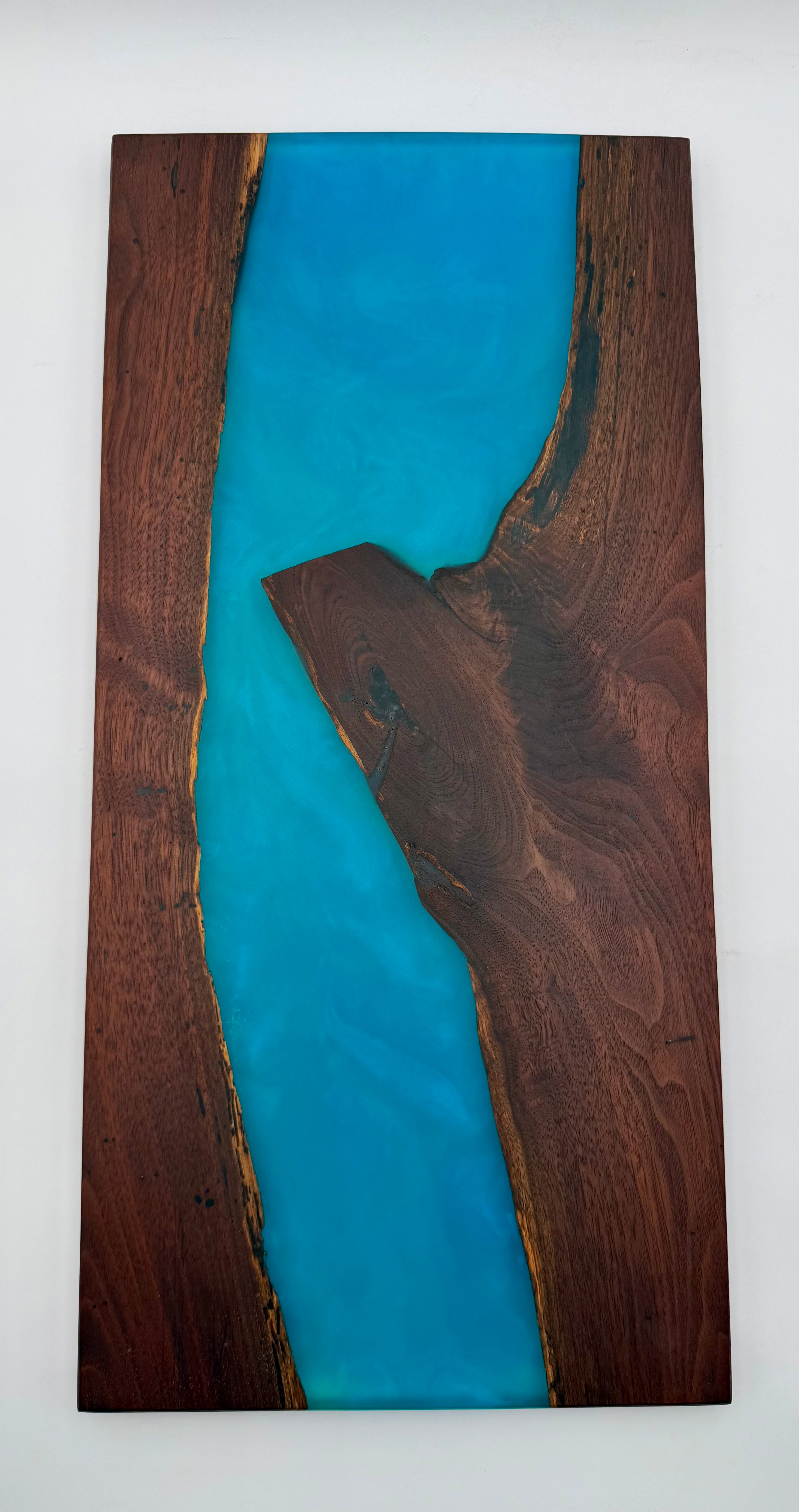 Handcrafted Live Edge Black Walnut & Ocean Blue Epoxy River Board
