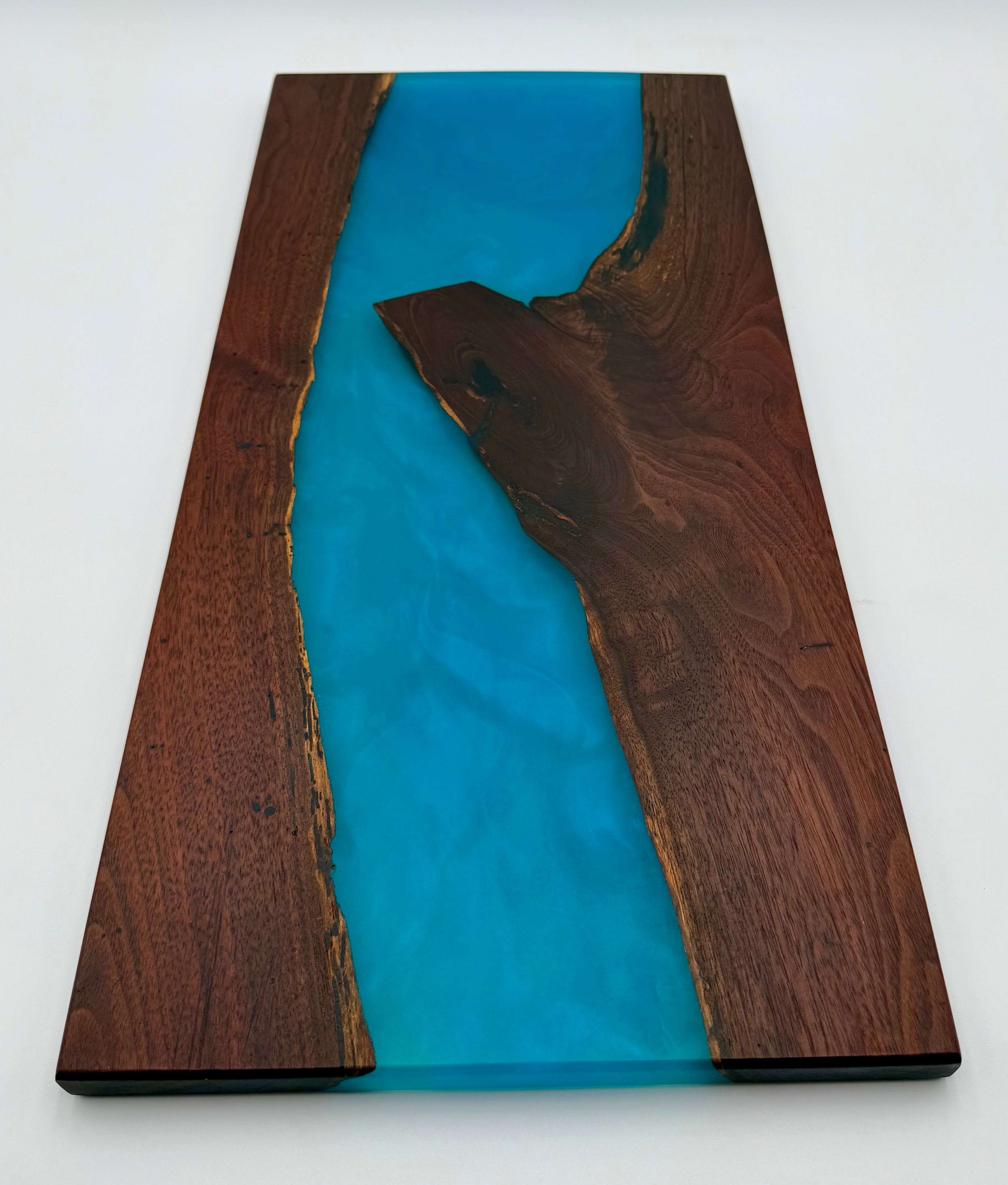 Handcrafted Live Edge Black Walnut & Ocean Blue Epoxy River Board