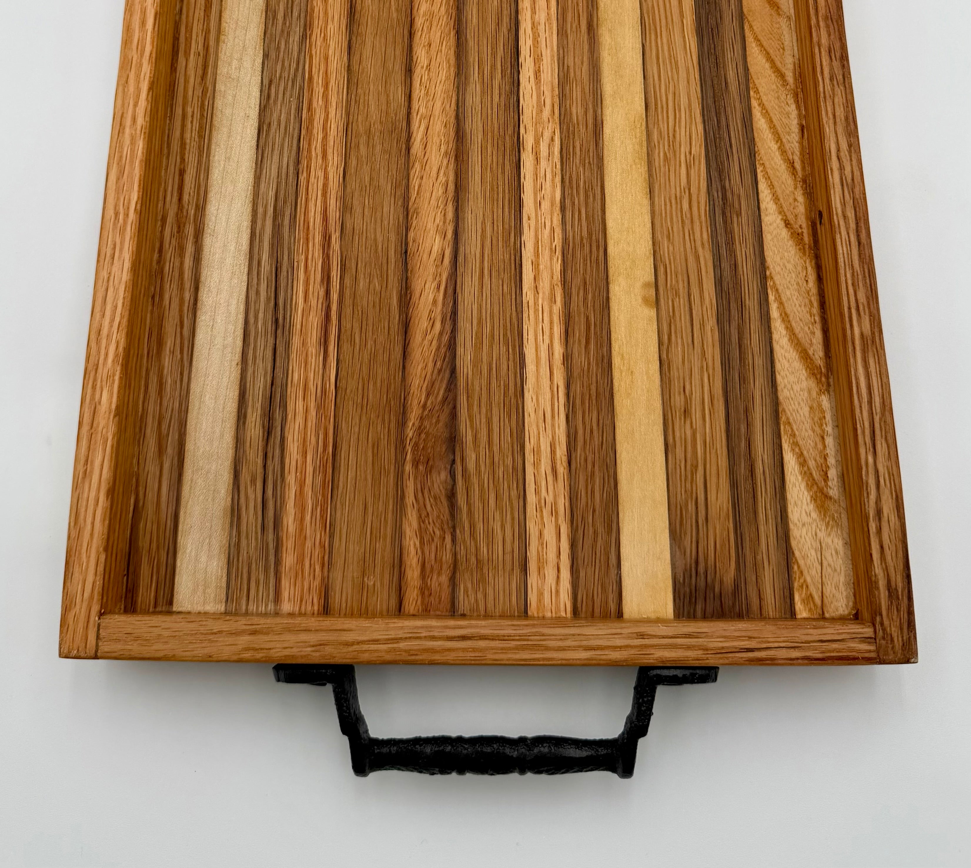 Handcrafted Reclaimed Tobacco Stick Serving Tray with Cast Iron Handles and Raised Edge
