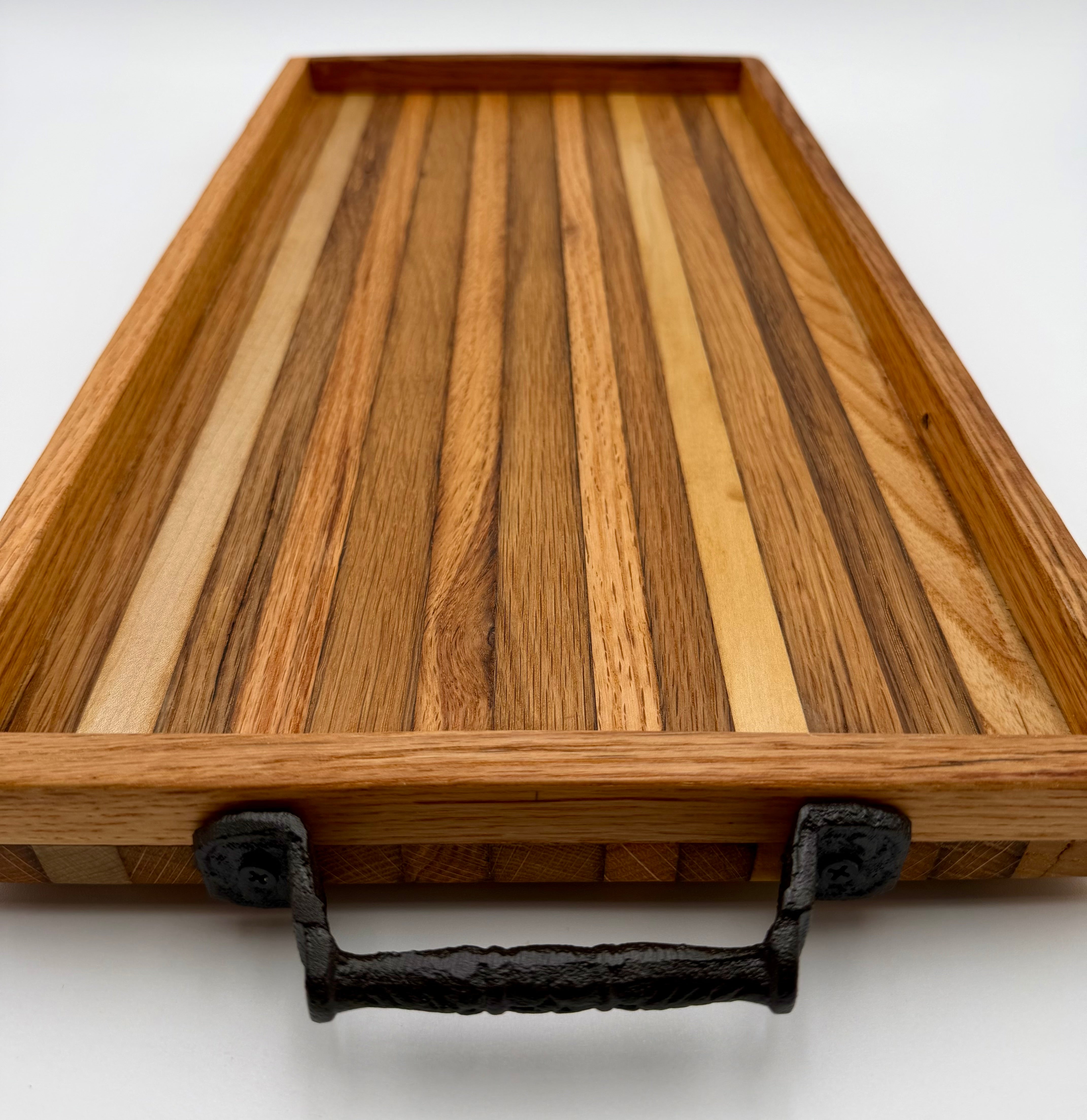 Handcrafted Reclaimed Tobacco Stick Serving Tray with Cast Iron Handles and Raised Edge