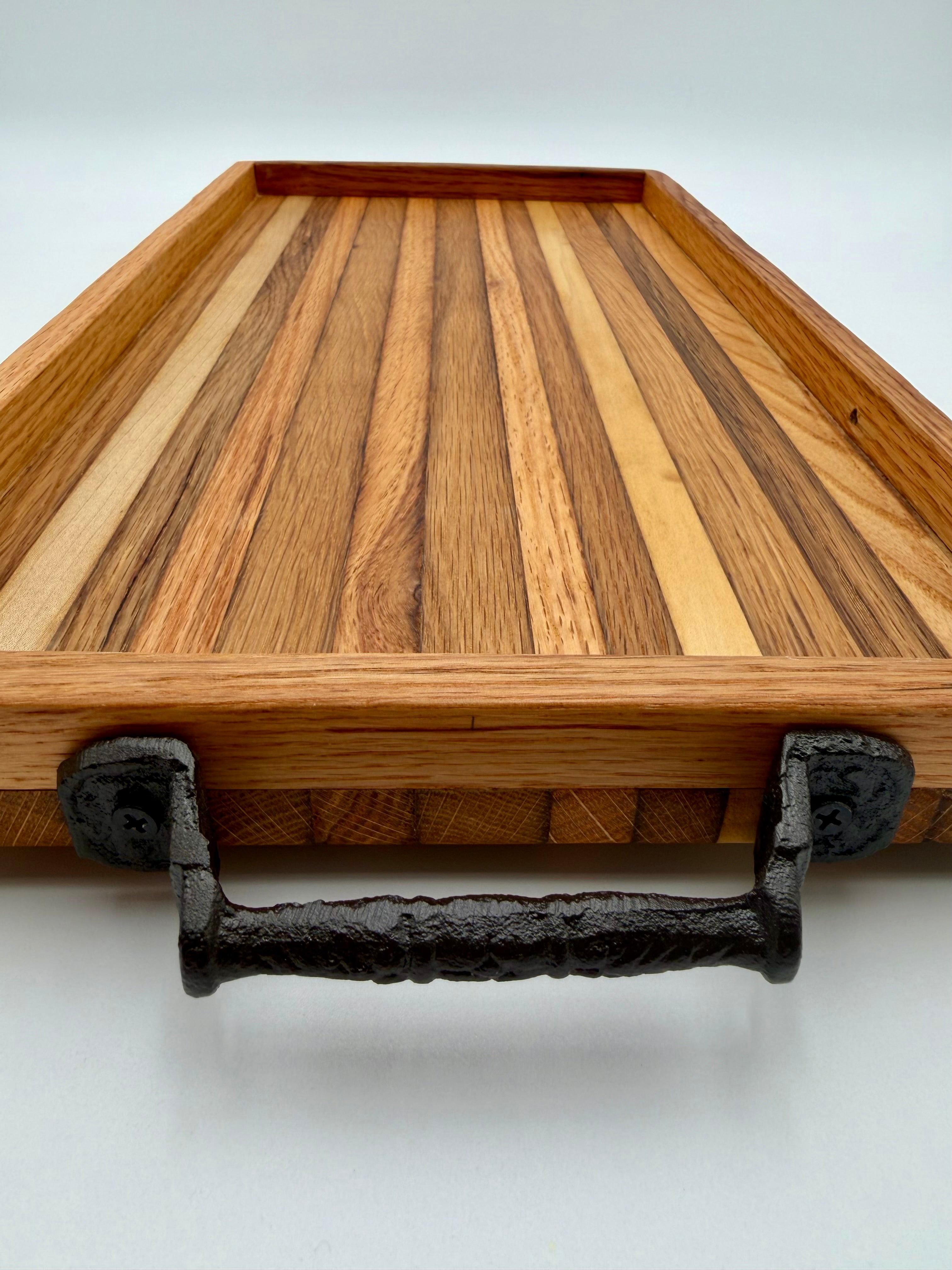 Handcrafted Reclaimed Tobacco Stick Serving Tray with Cast Iron Handles and Raised Edge
