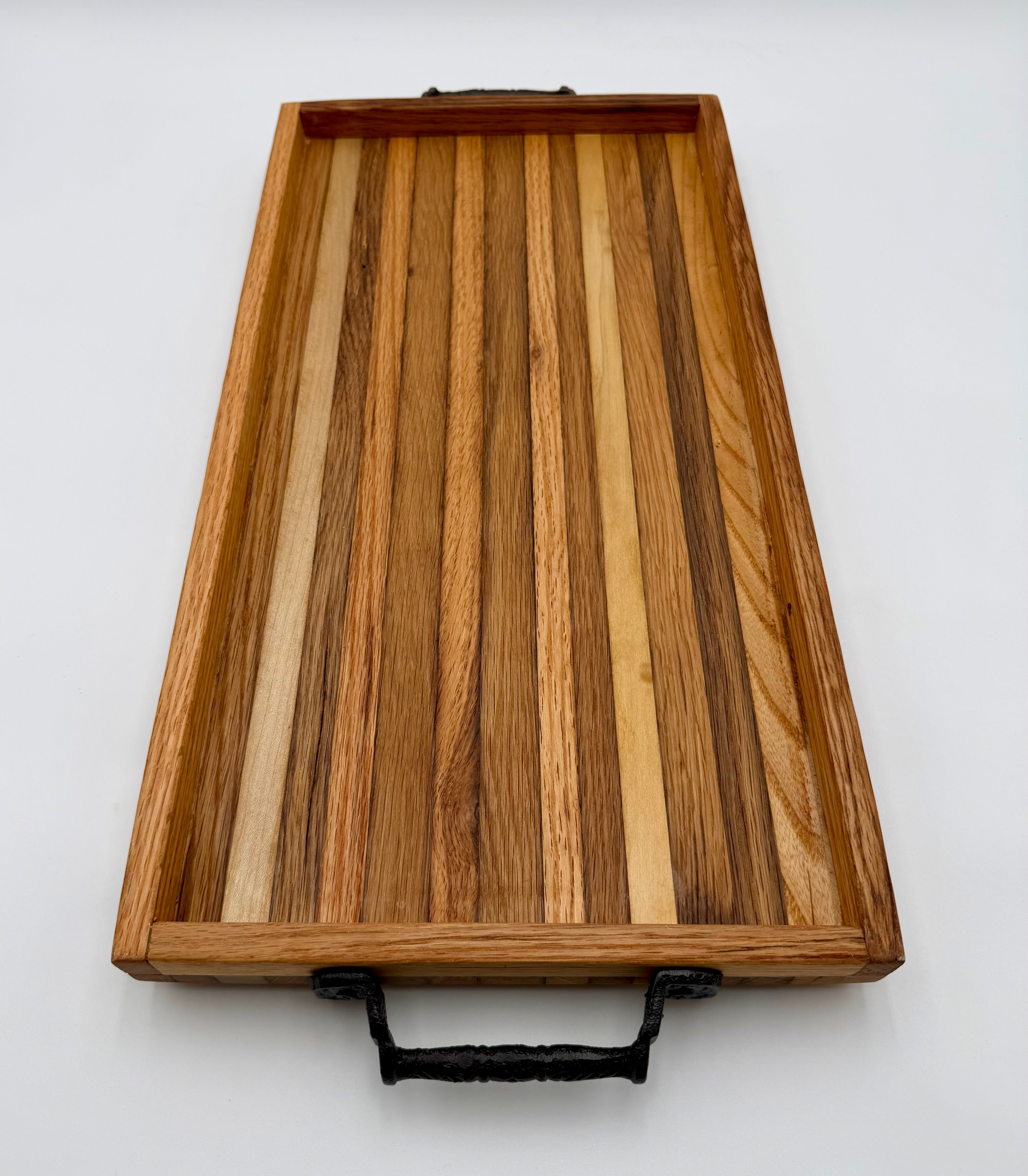 Handcrafted Reclaimed Tobacco Stick Serving Tray with Cast Iron Handles and Raised Edge