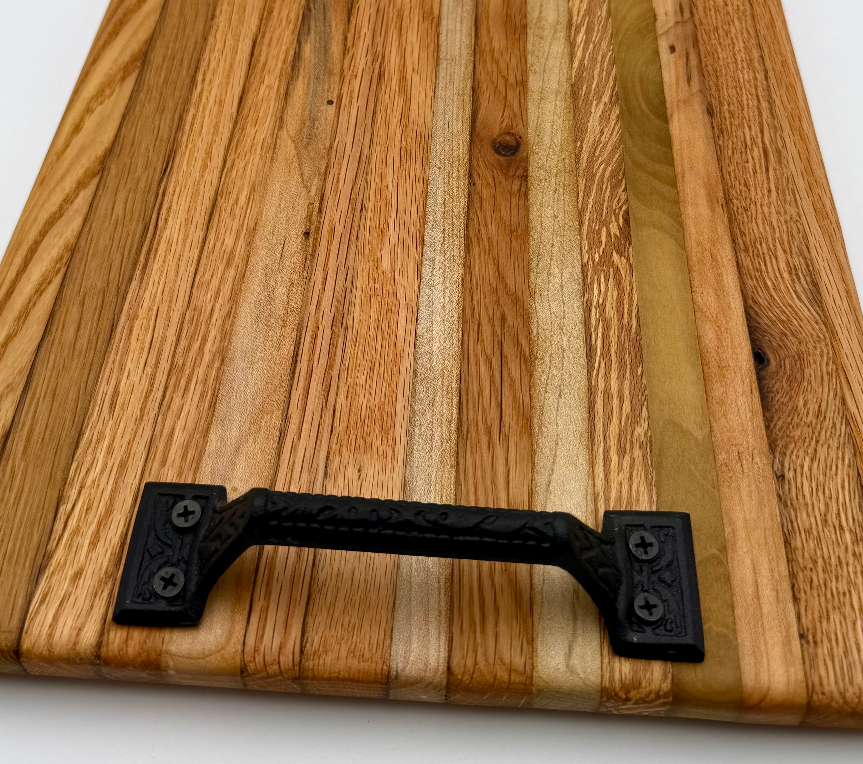 Handcrafted Reclaimed Tobacco Stick Serving Tray or Serving Board with Cast Iron Handles