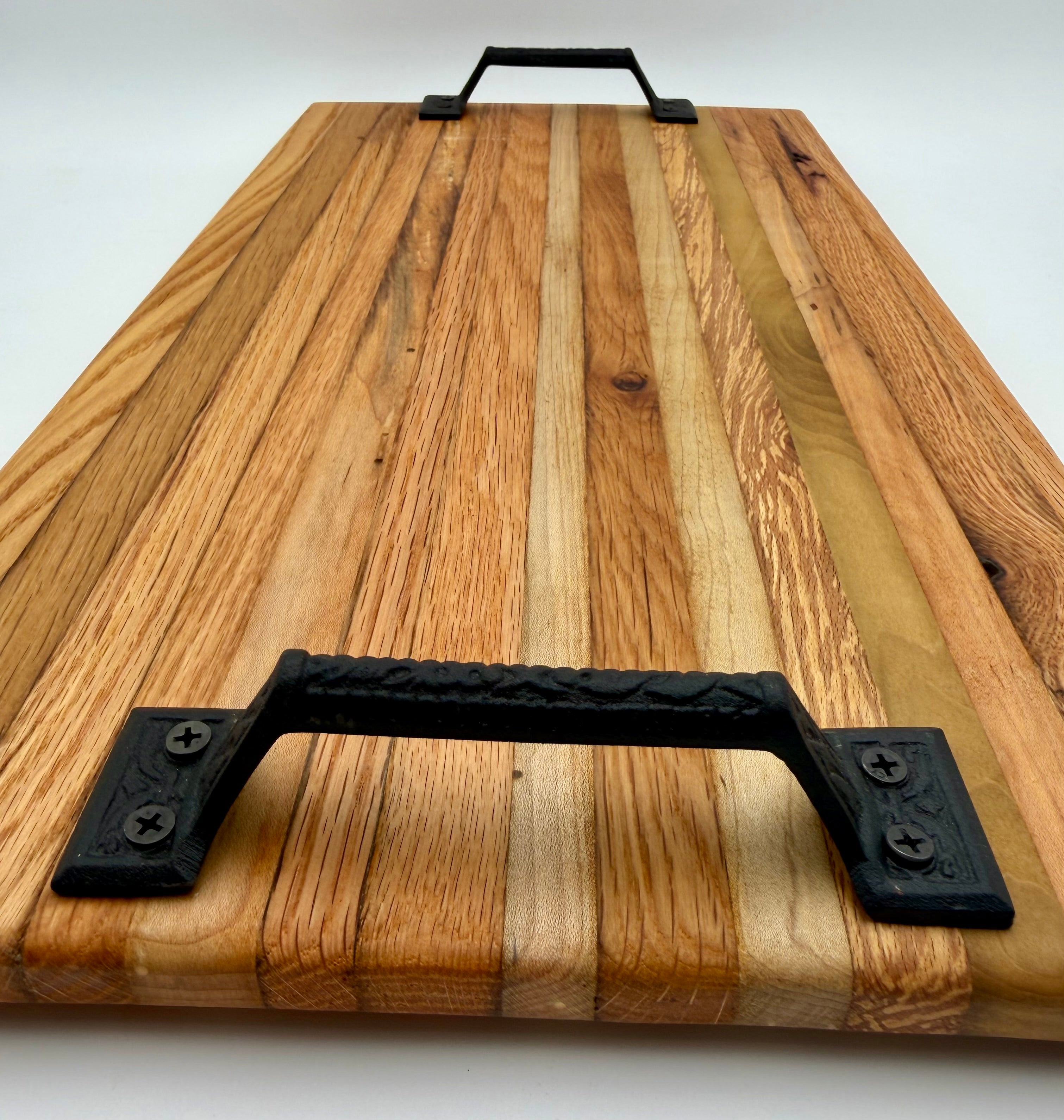 Handcrafted Reclaimed Tobacco Stick Serving Tray or Serving Board with Cast Iron Handles