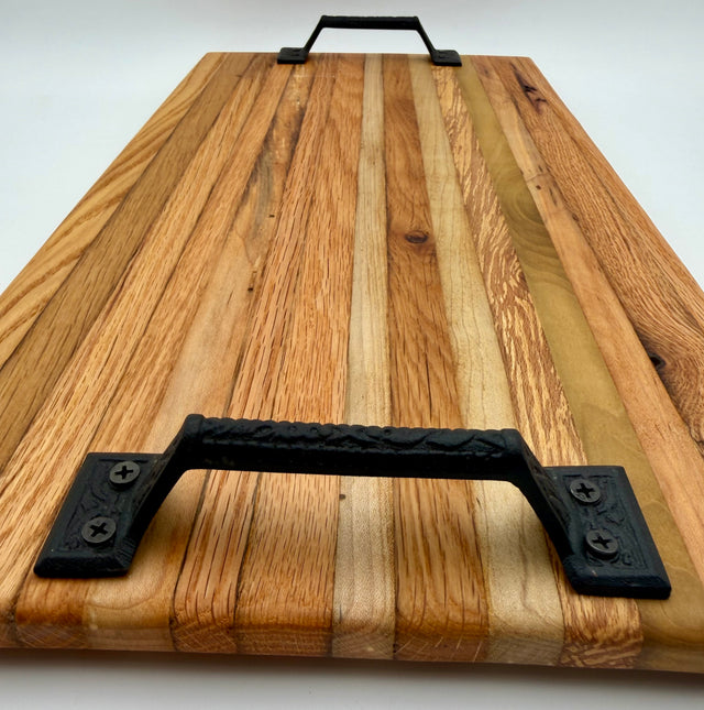 Handcrafted Reclaimed Tobacco Stick Serving Tray or Serving Board with Cast Iron Handles