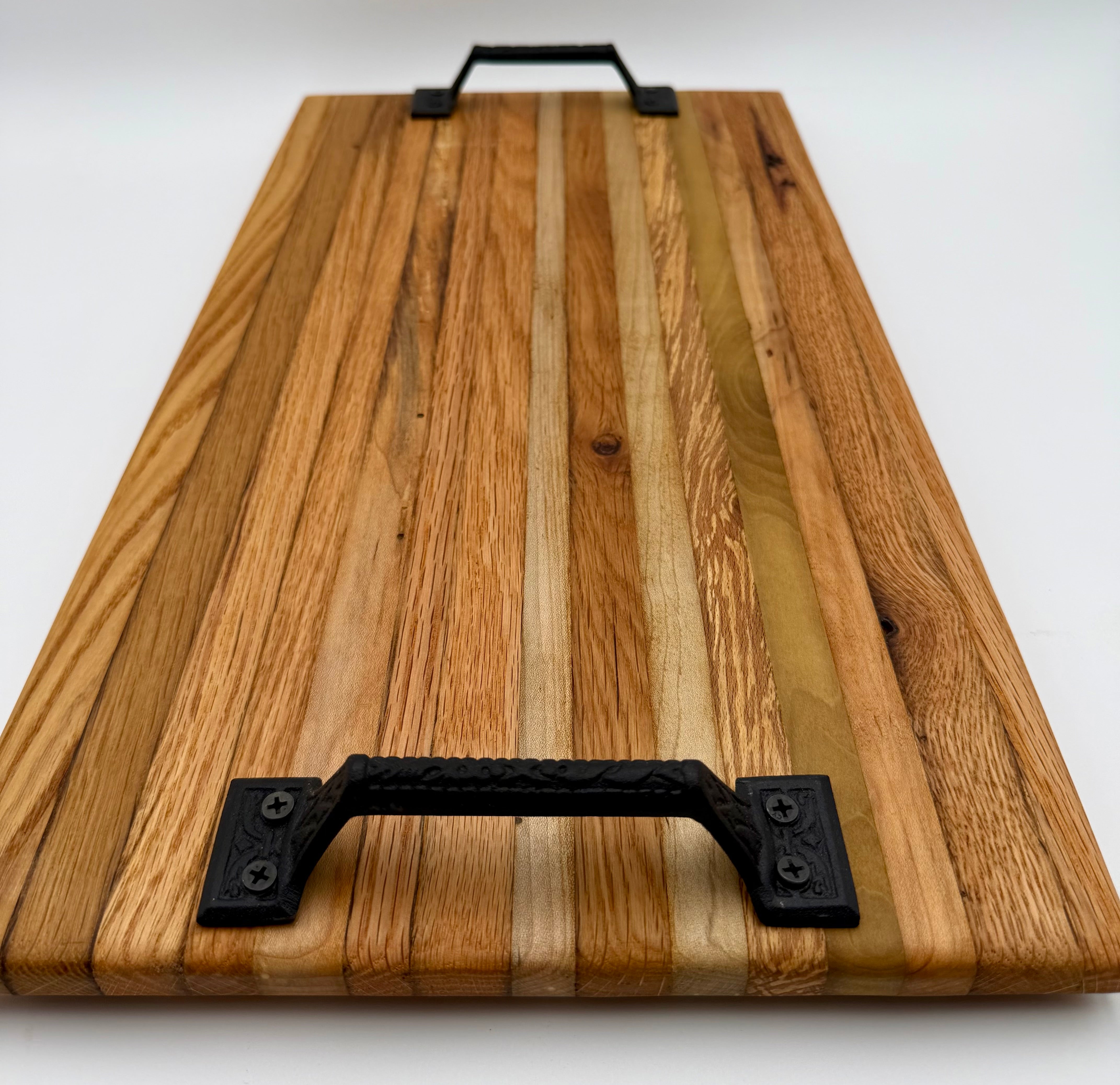 Handcrafted Reclaimed Tobacco Stick Serving Tray or Serving Board with Cast Iron Handles