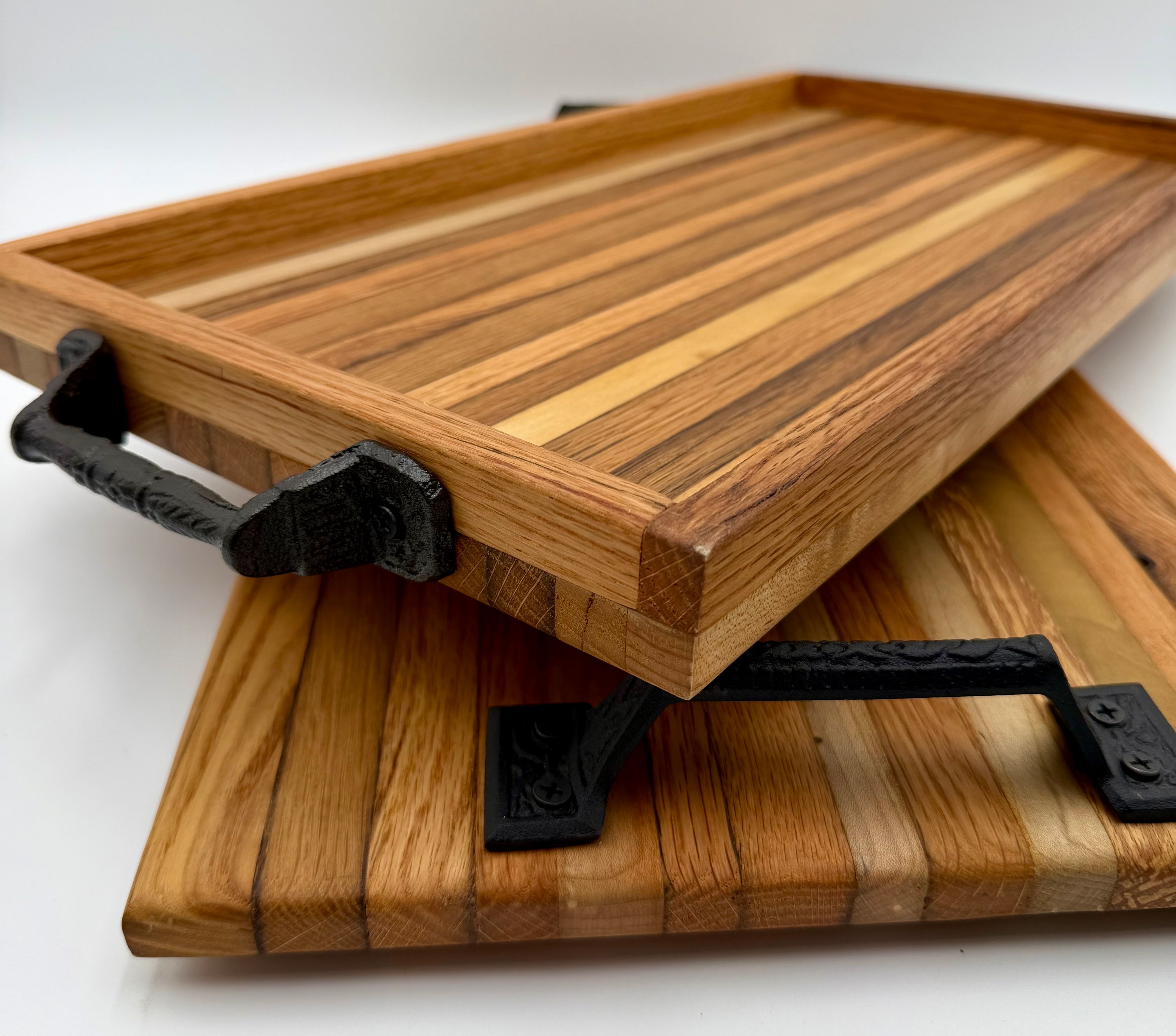 Handcrafted Reclaimed Tobacco Stick Serving Tray with Cast Iron Handles and Raised Edge