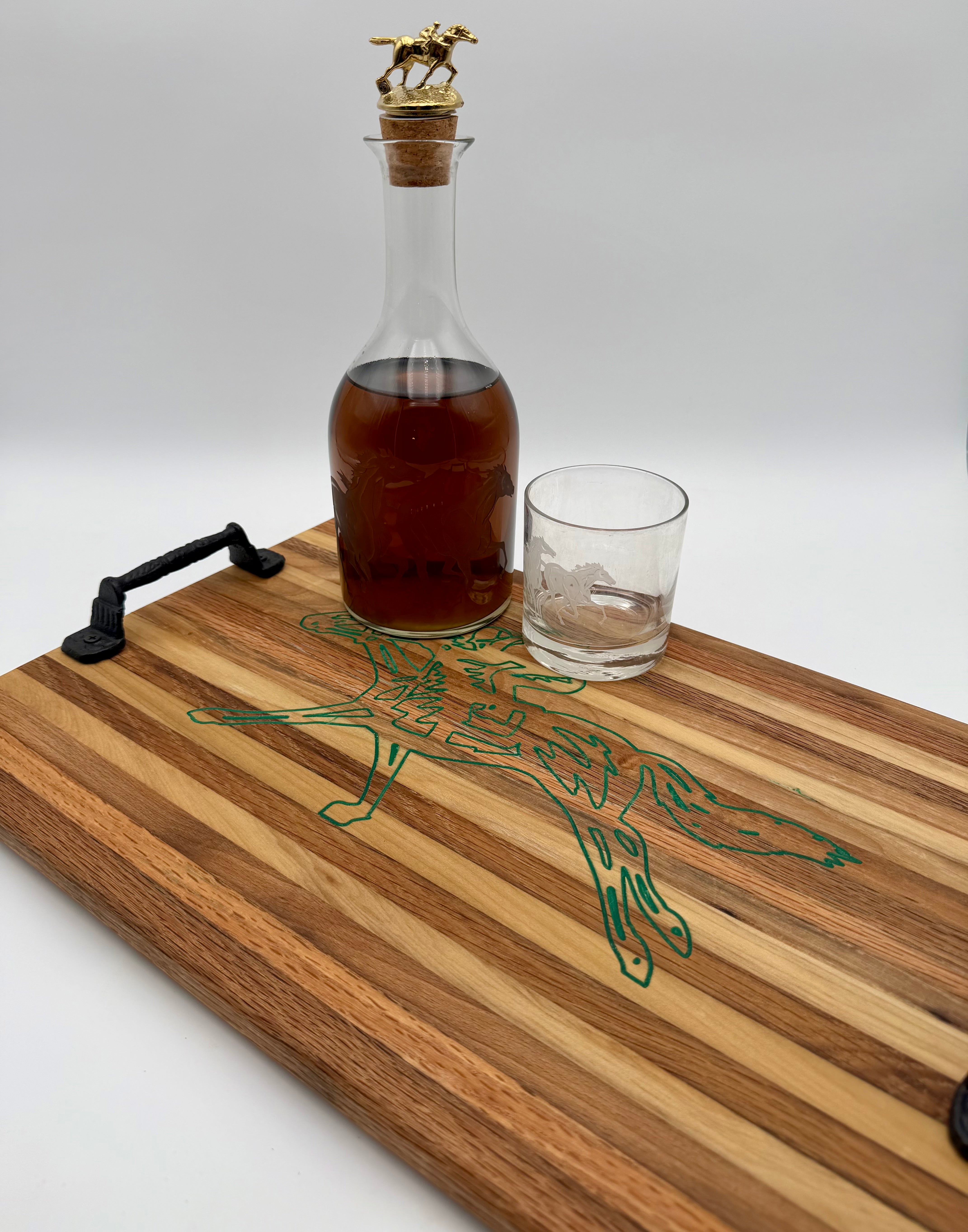 Handcrafted Equestrian Horse Racing Wooden Serving Tray & Cutting Board with Handles
