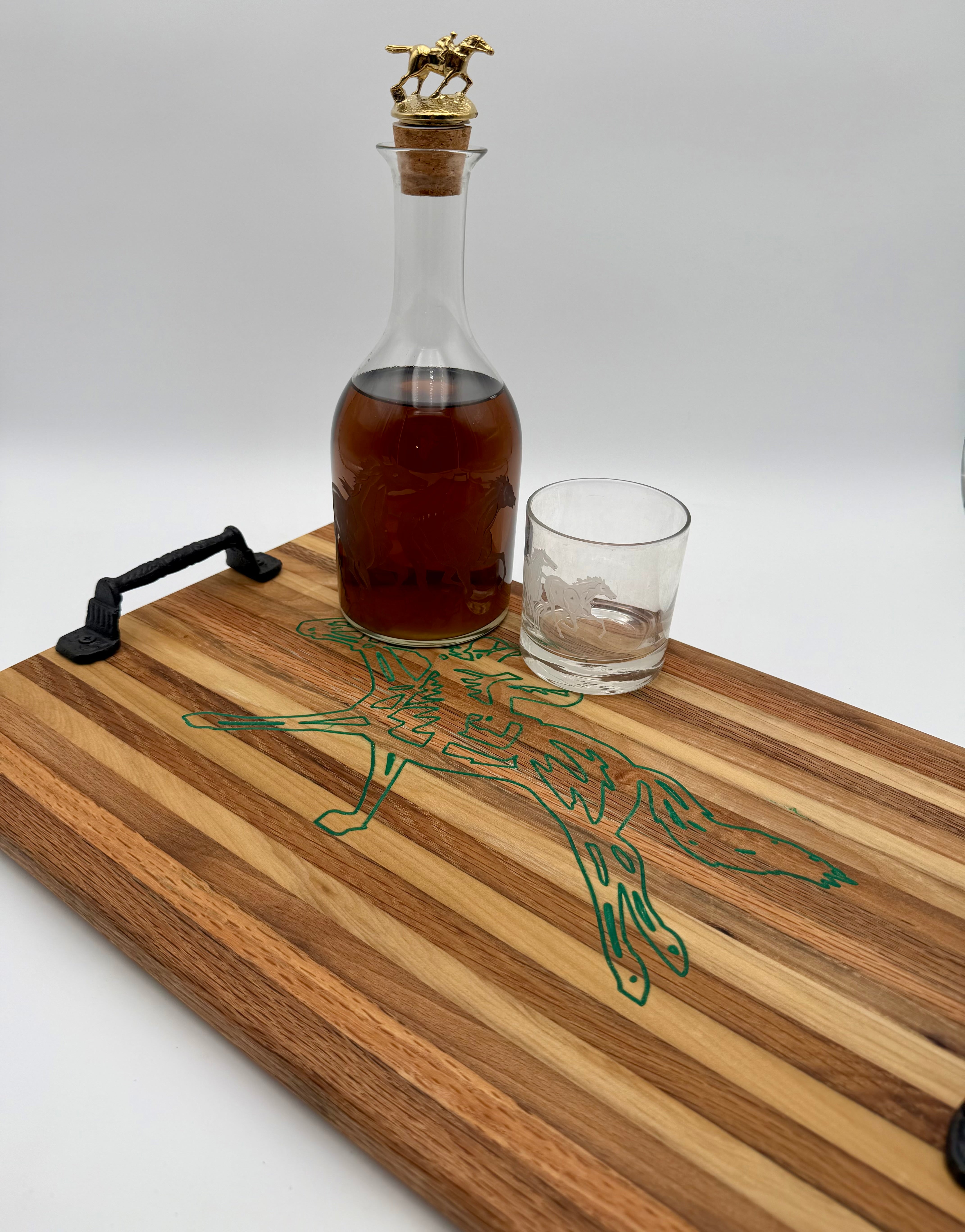 Handcrafted Equestrian Horse Racing Wooden Serving Tray & Cutting Board with Handles