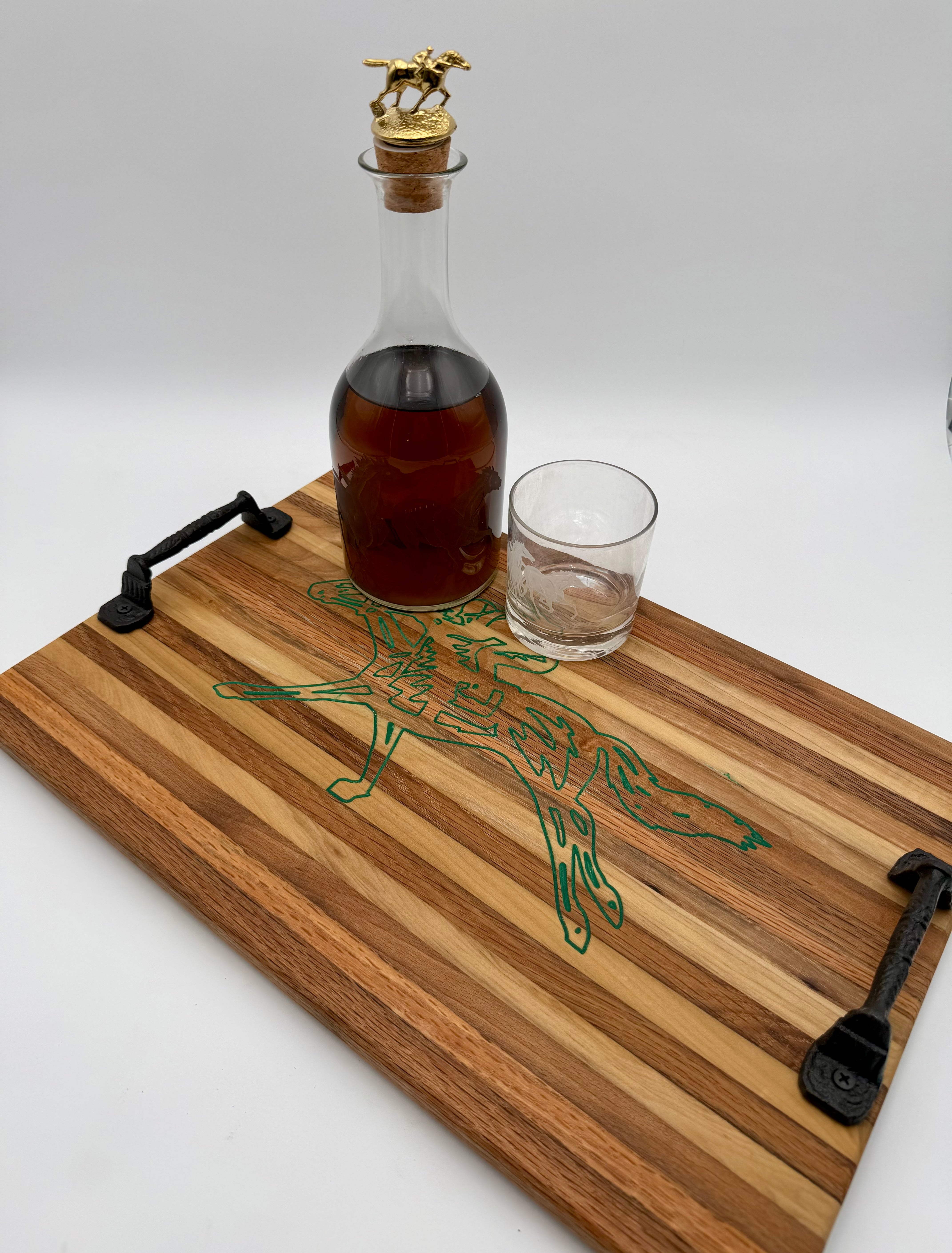 Handcrafted Equestrian Horse Racing Wooden Serving Tray & Cutting Board with Handles