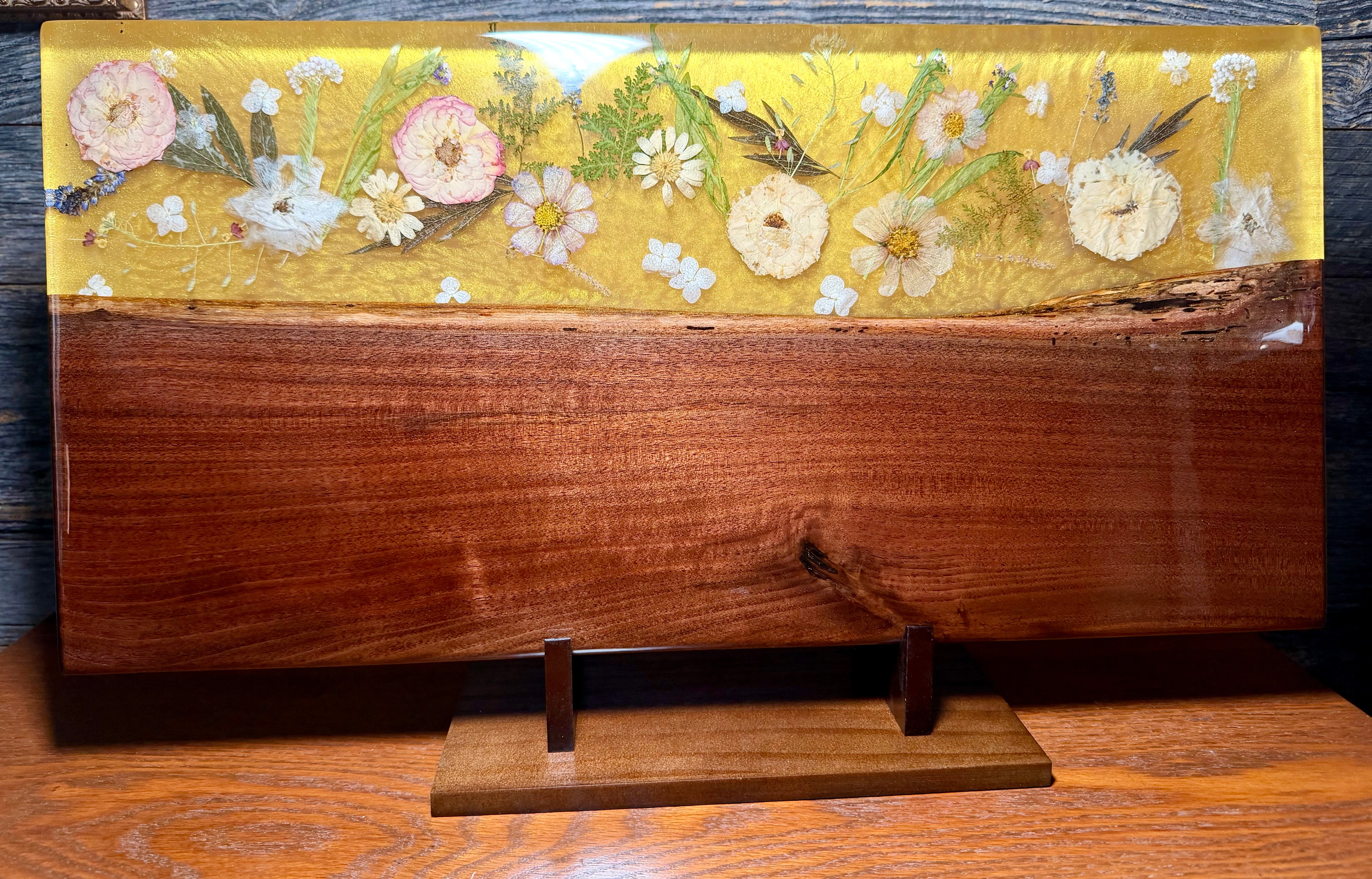Pressed Flower Live Edge Walnut Resin River Serving Board