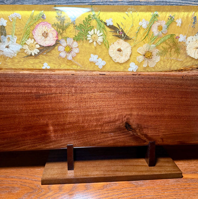 Handcrafted Pressed Wildflower & Shimmering Gold Epoxy River Board