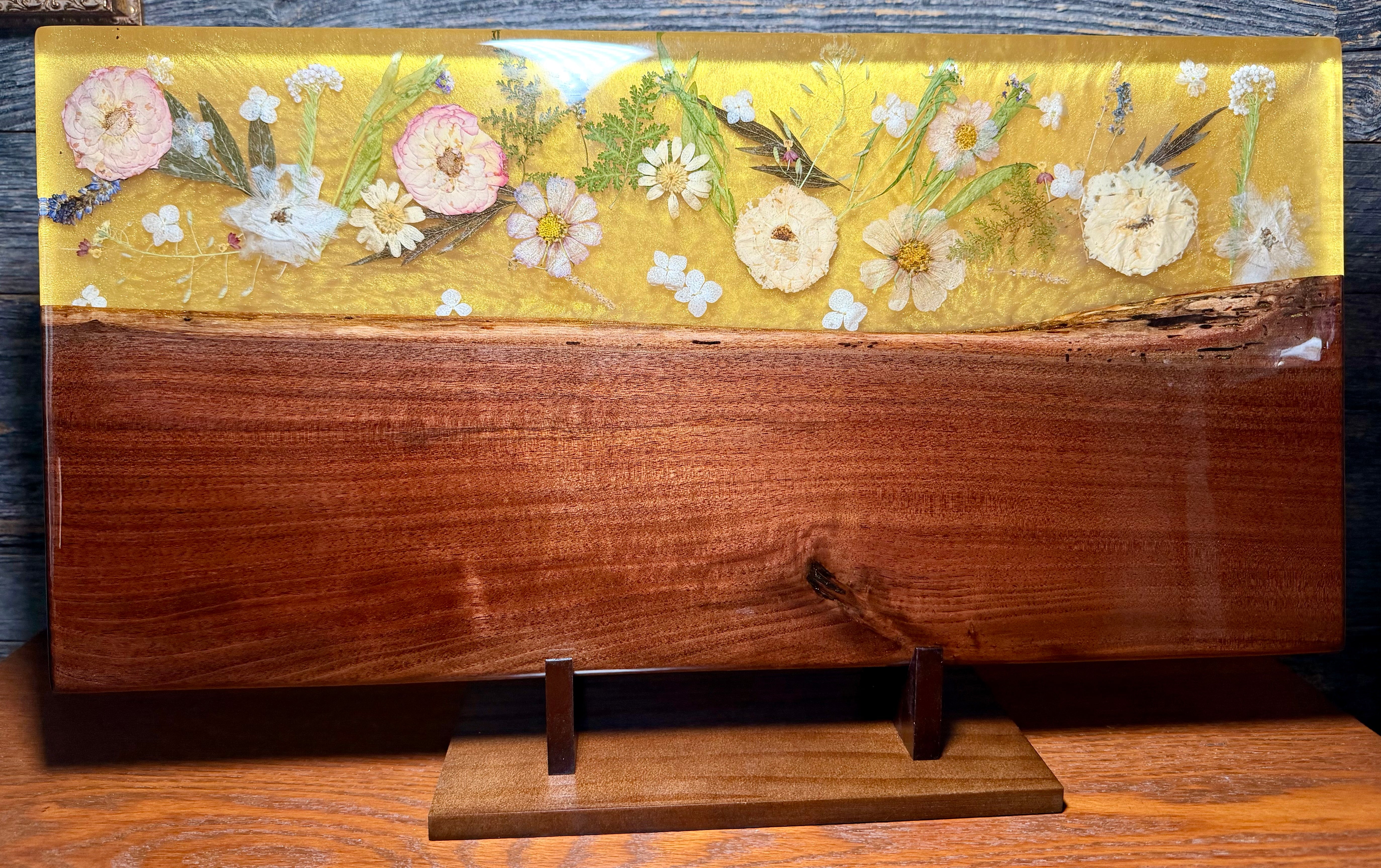 Pressed Flower Live Edge Walnut Resin River Serving Board