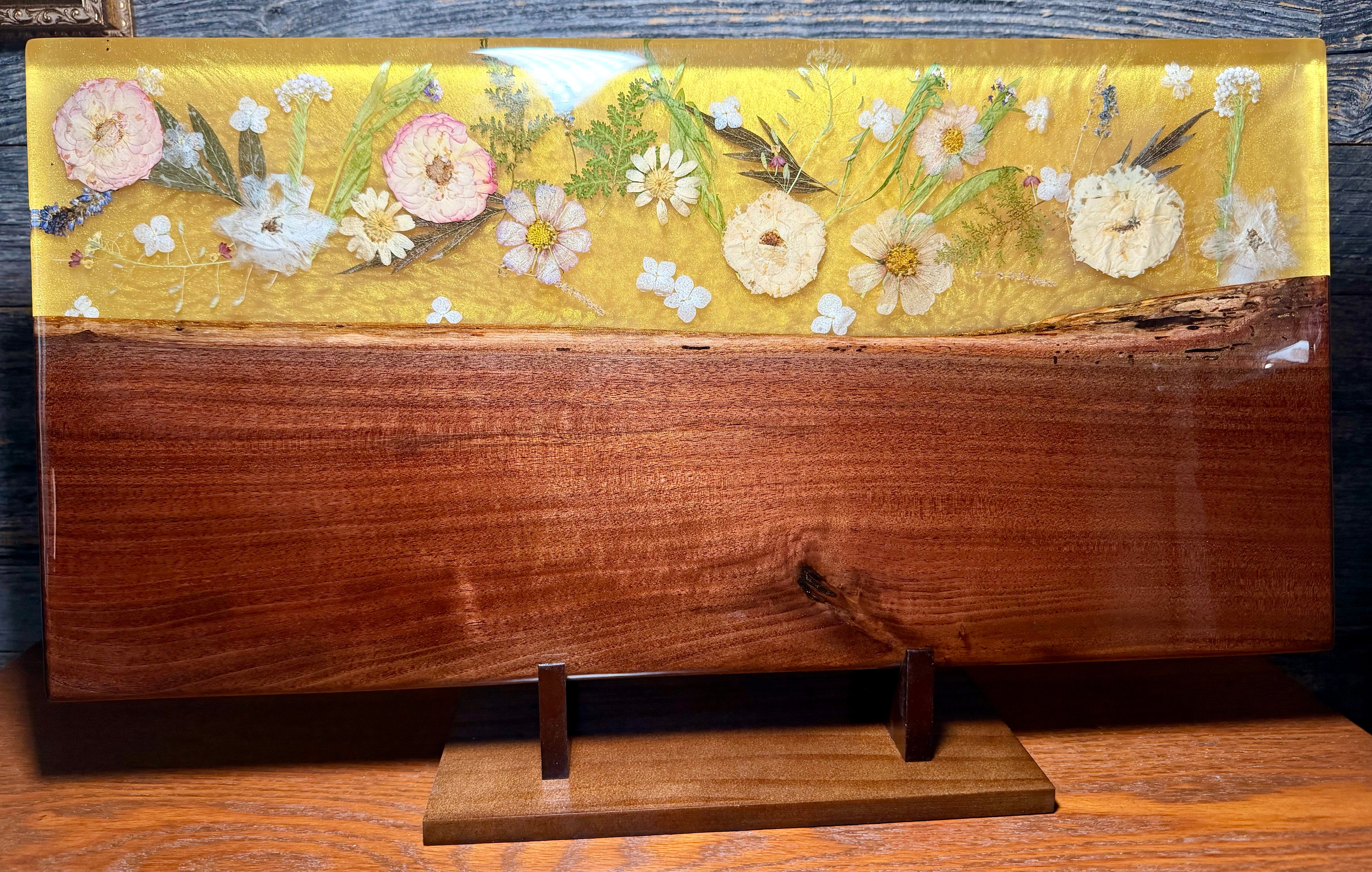 Pressed Flower Live Edge Walnut Resin River Serving Board