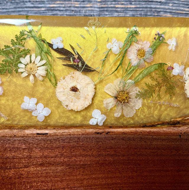 Handcrafted Pressed Wildflower & Shimmering Gold Epoxy River Board