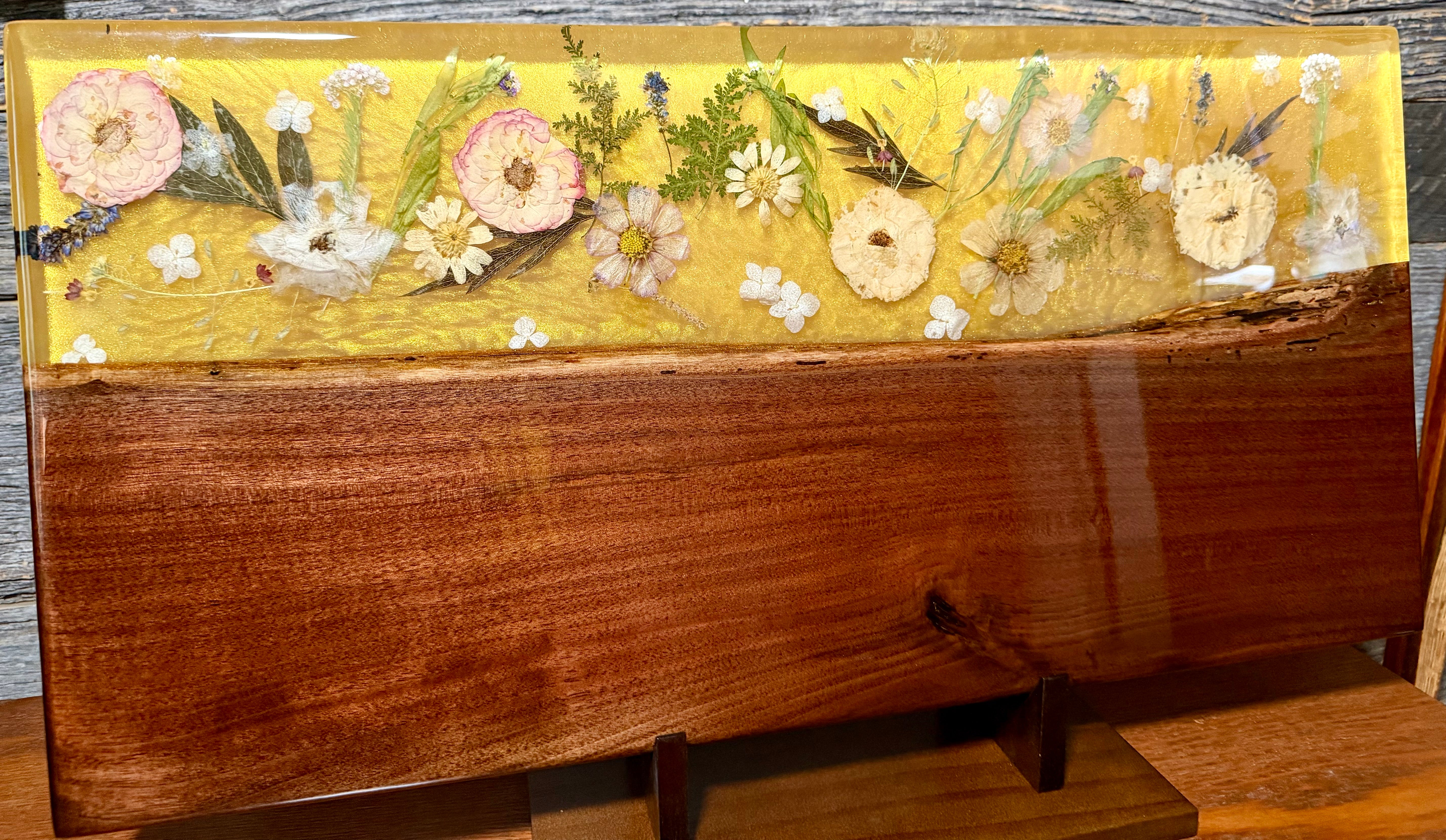 Pressed Flower Live Edge Walnut Resin River Serving Board