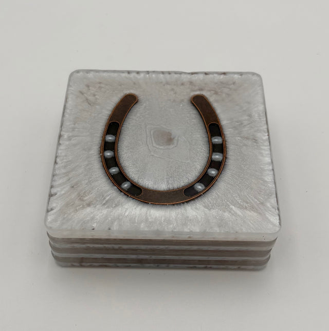 Handmade Square Resin Coasters with Horseshoe Hardware – Set of 4