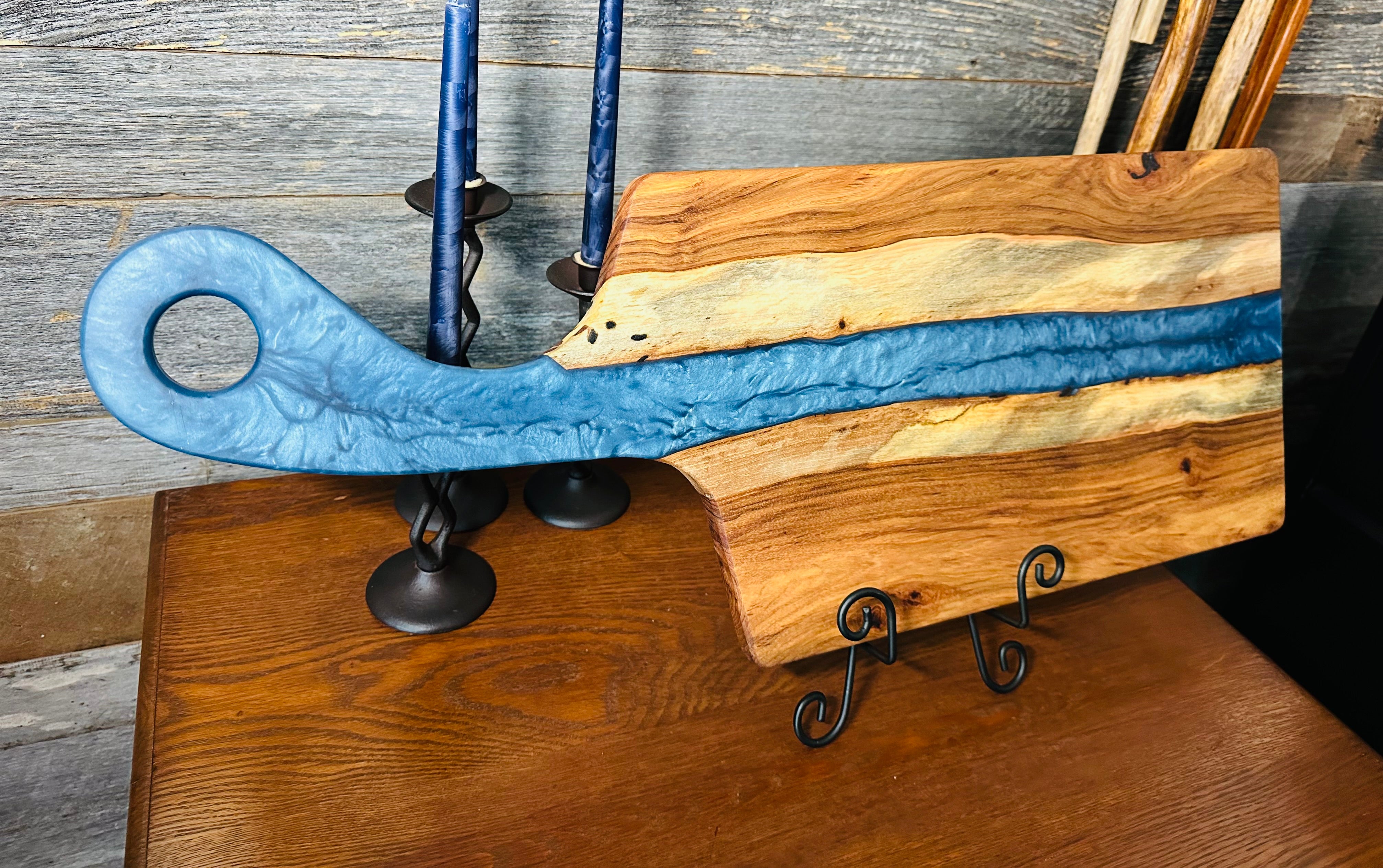 Oak Wood and Iceberg Blue Resin "River" Charcuterie Board with Handle