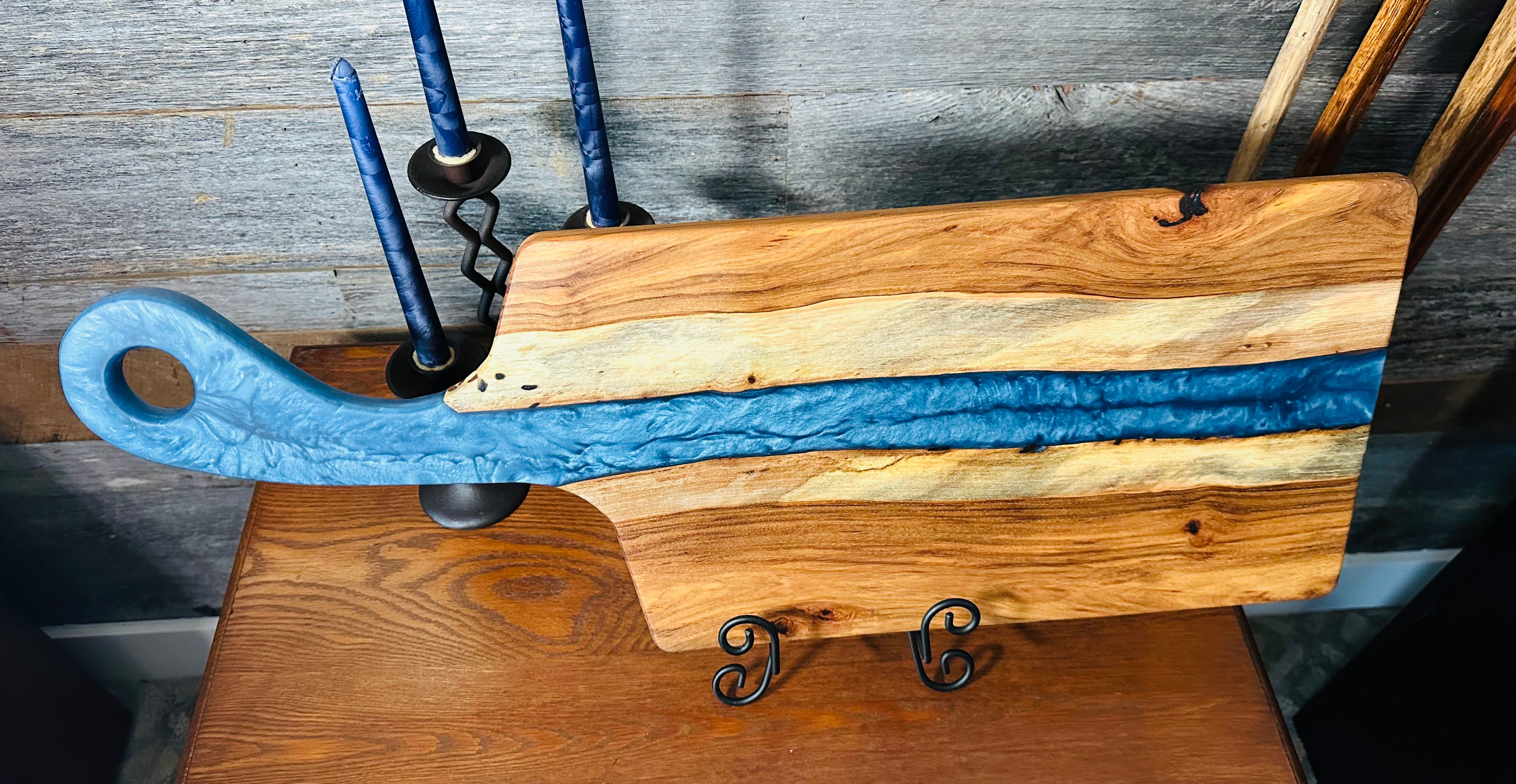 Oak Wood and Iceberg Blue Resin "River" Charcuterie Board with Handle