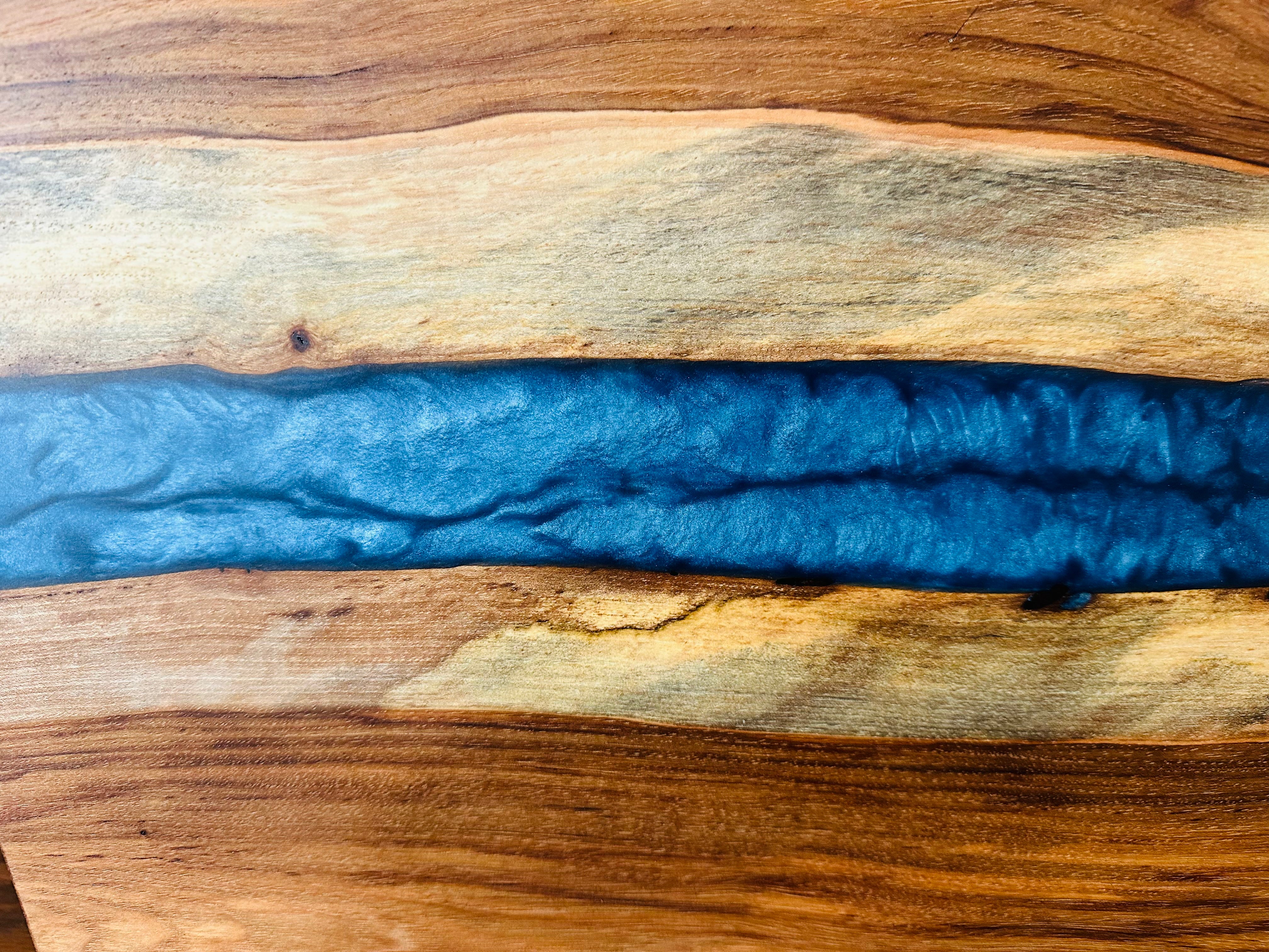Oak Wood and Iceberg Blue Resin "River" Charcuterie Board with Handle