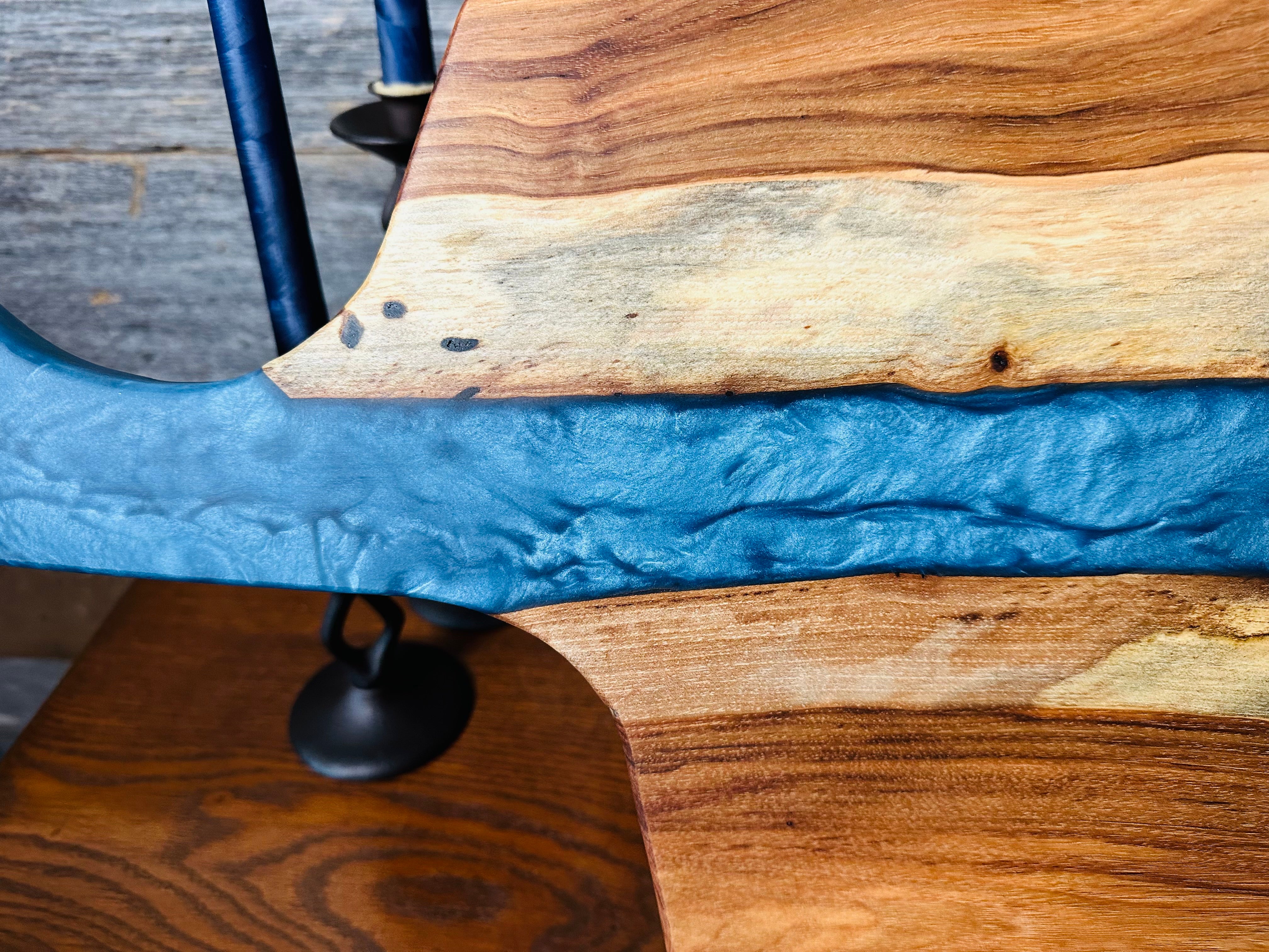 Oak Wood and Iceberg Blue Resin "River" Charcuterie Board with Handle