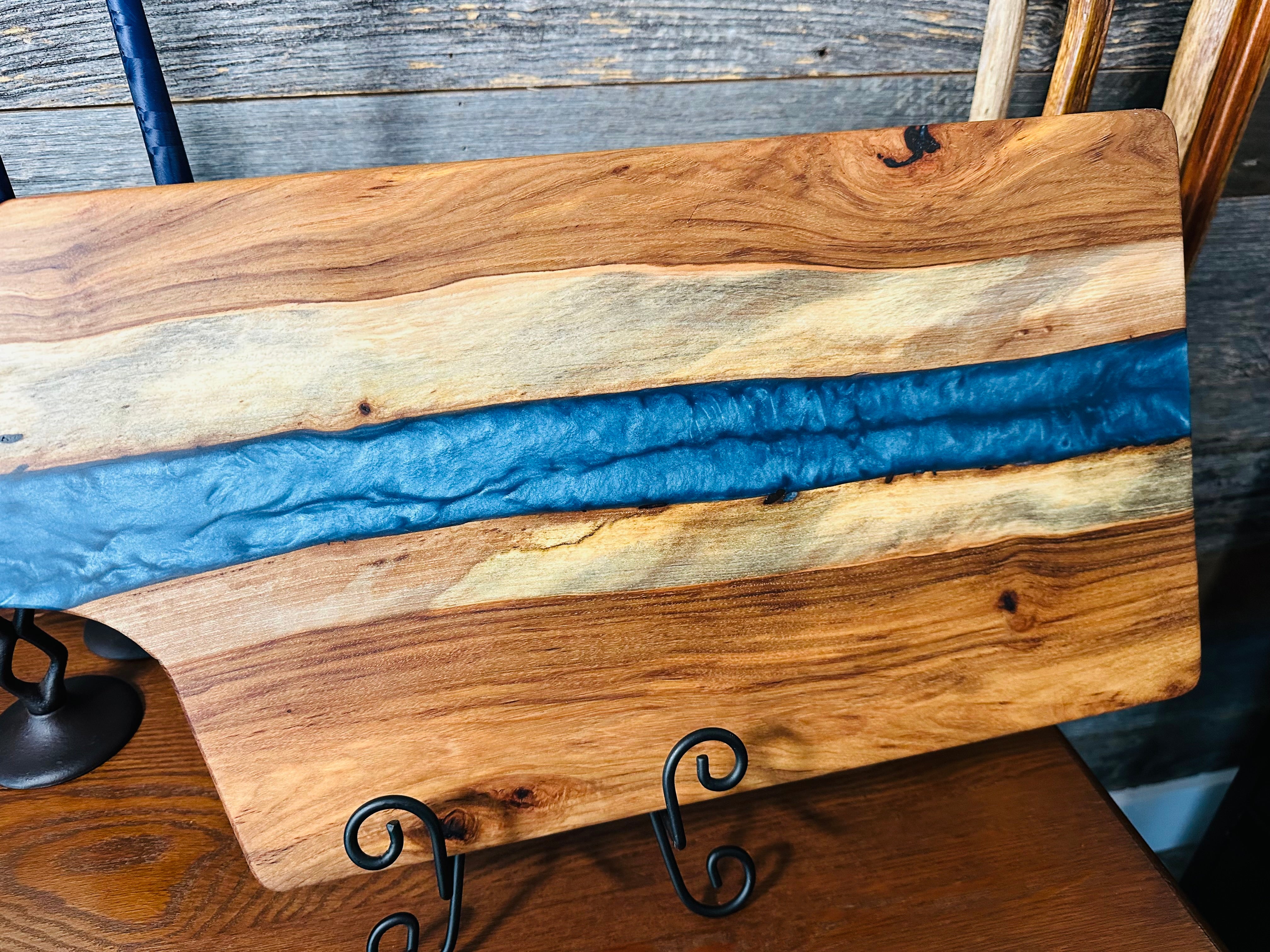 Oak Wood and Iceberg Blue Resin "River" Charcuterie Board with Handle