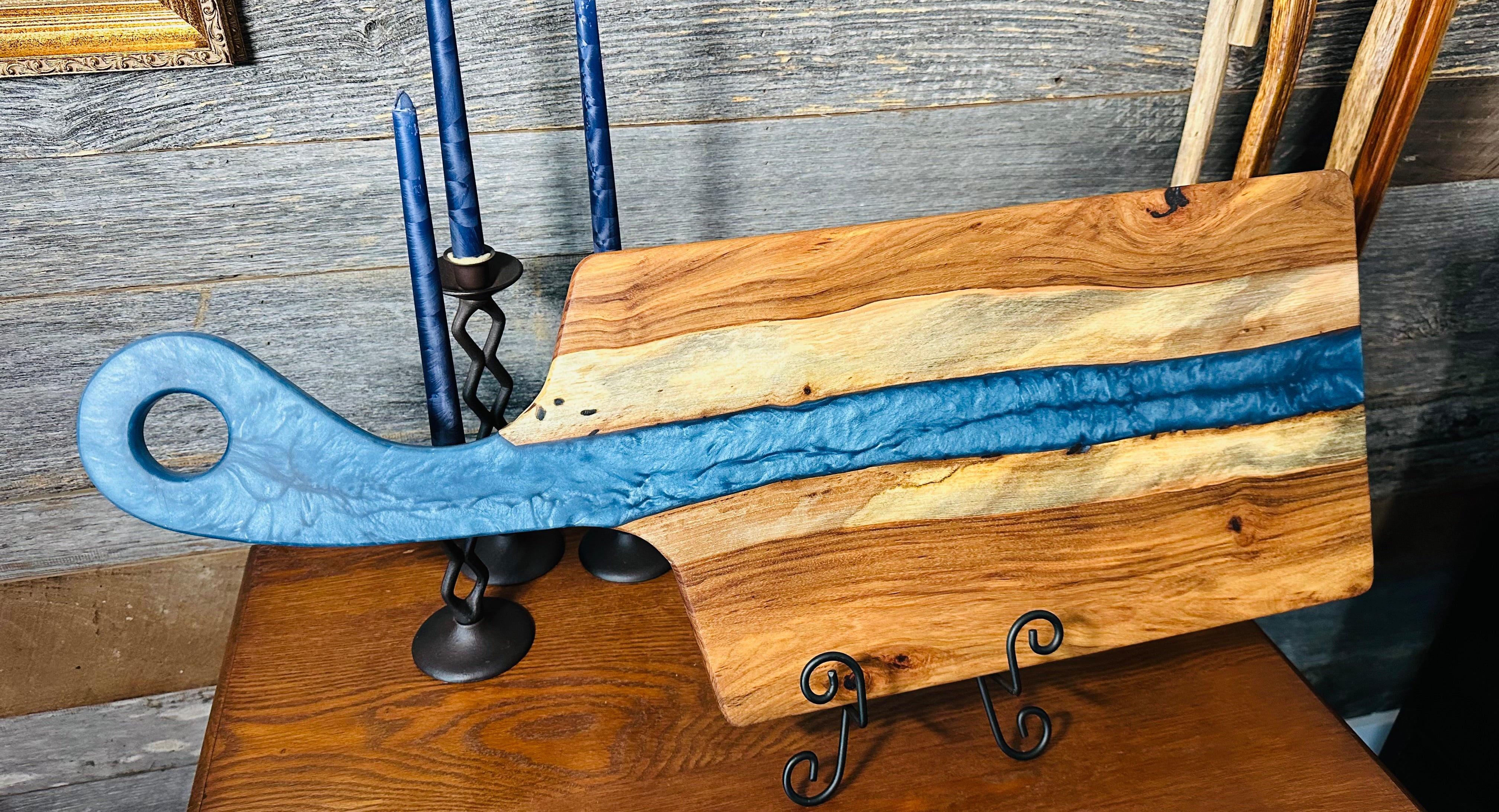 Oak Wood and Iceberg Blue Resin "River" Charcuterie Board with Handle