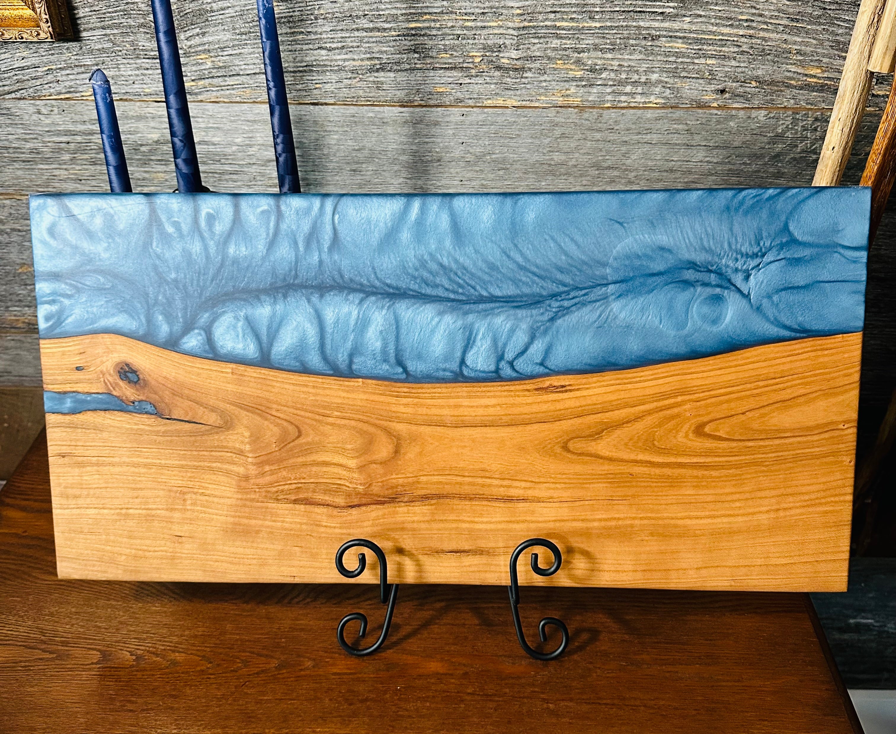 Live Edge Cherry Wood with Shimmering Blue Resin River Charcuterie Board