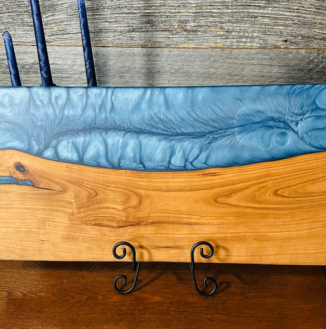 Live Edge Cherry Wood with Shimmering Blue Resin River Charcuterie Board