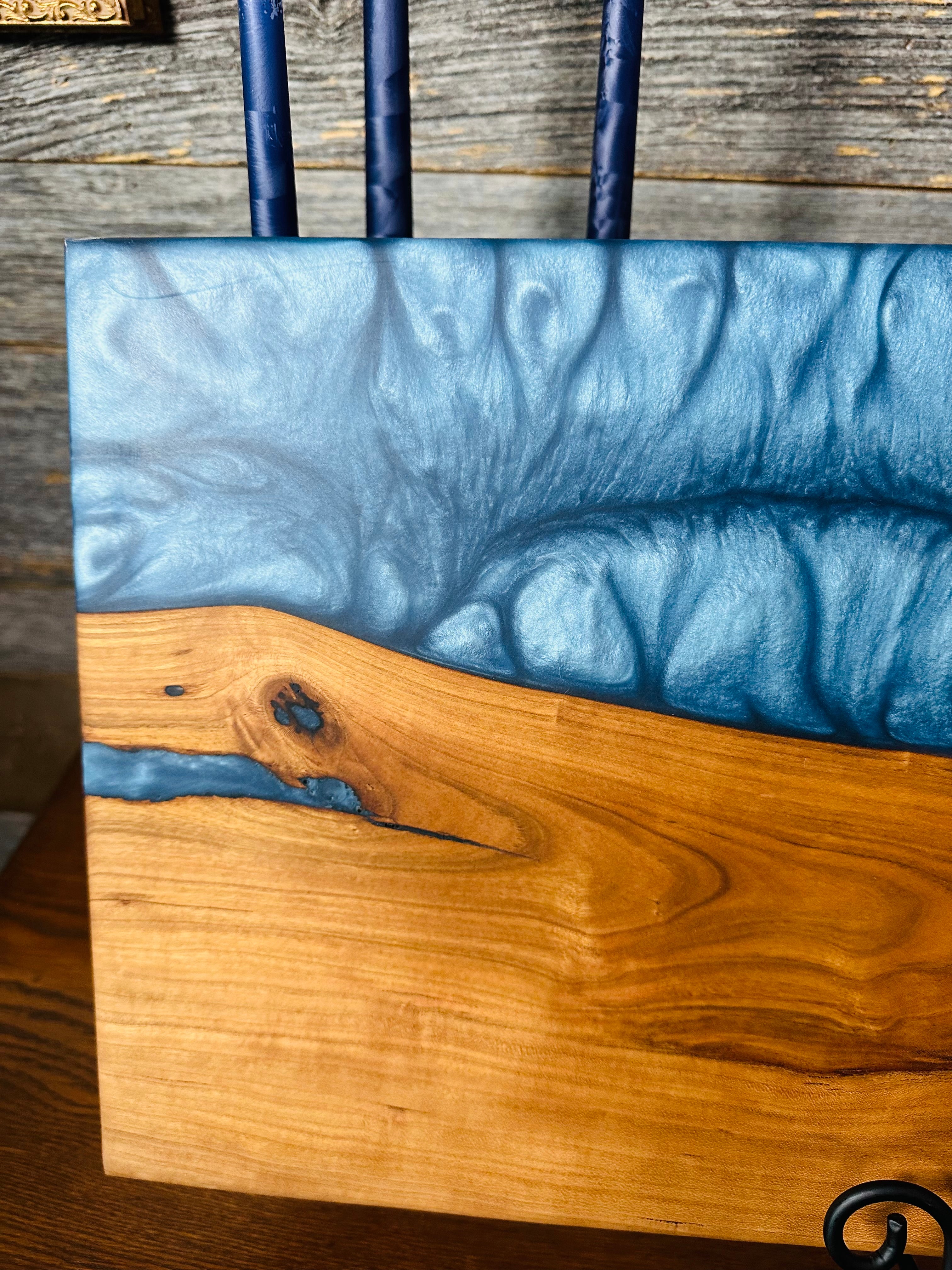 Live Edge Cherry Wood with Shimmering Blue Resin River Charcuterie Board