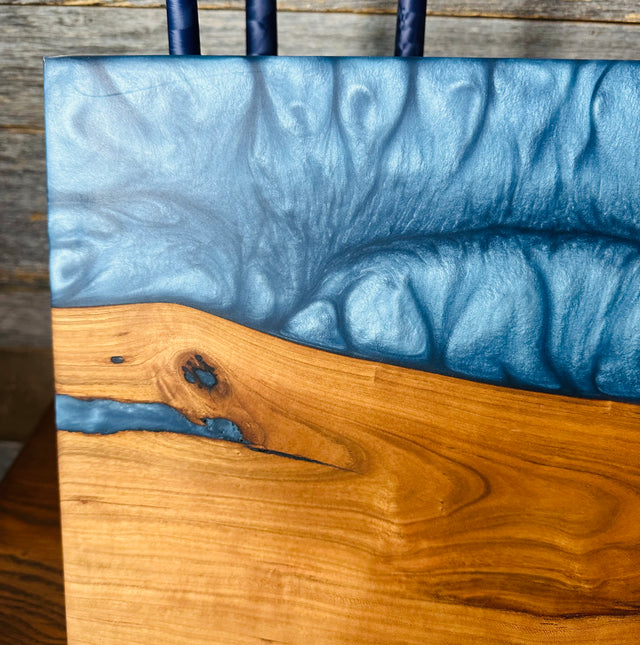 Live Edge Cherry Wood with Shimmering Blue Resin River Charcuterie Board