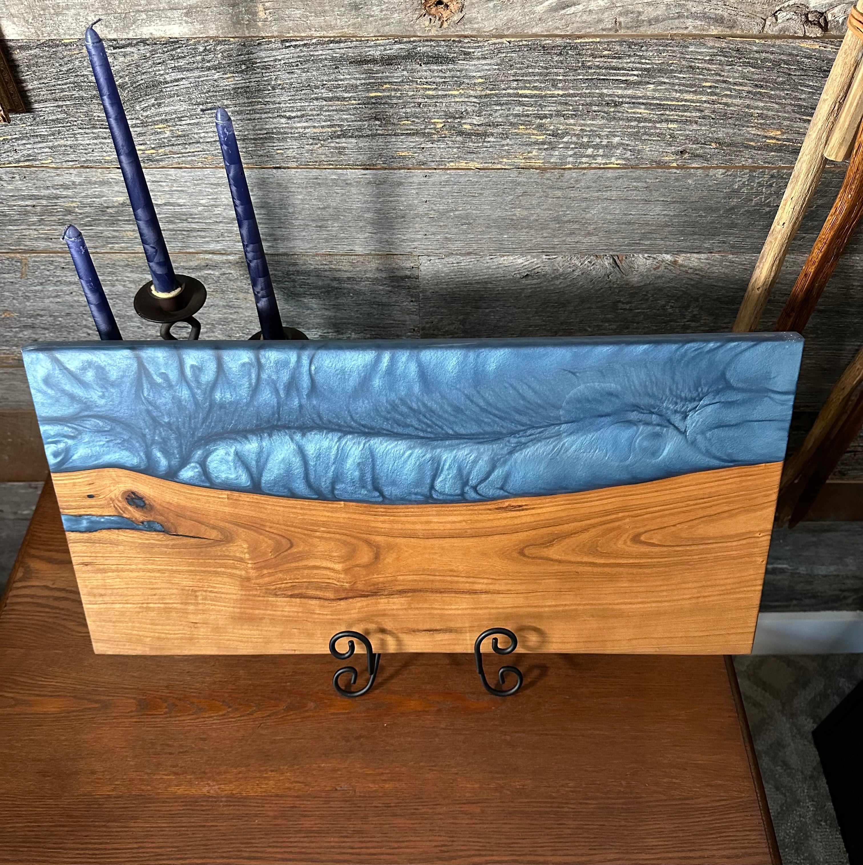 Live Edge Cherry Wood with Shimmering Blue Resin River Charcuterie Board