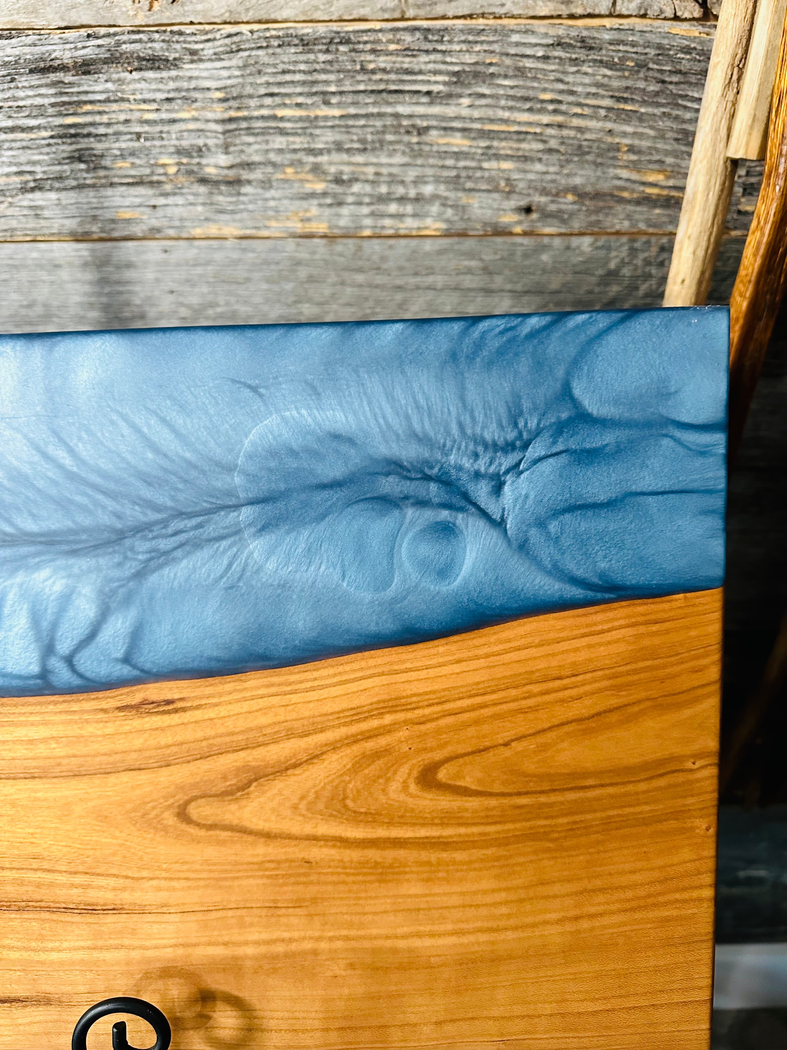 Live Edge Cherry Wood with Shimmering Blue Resin River Charcuterie Board