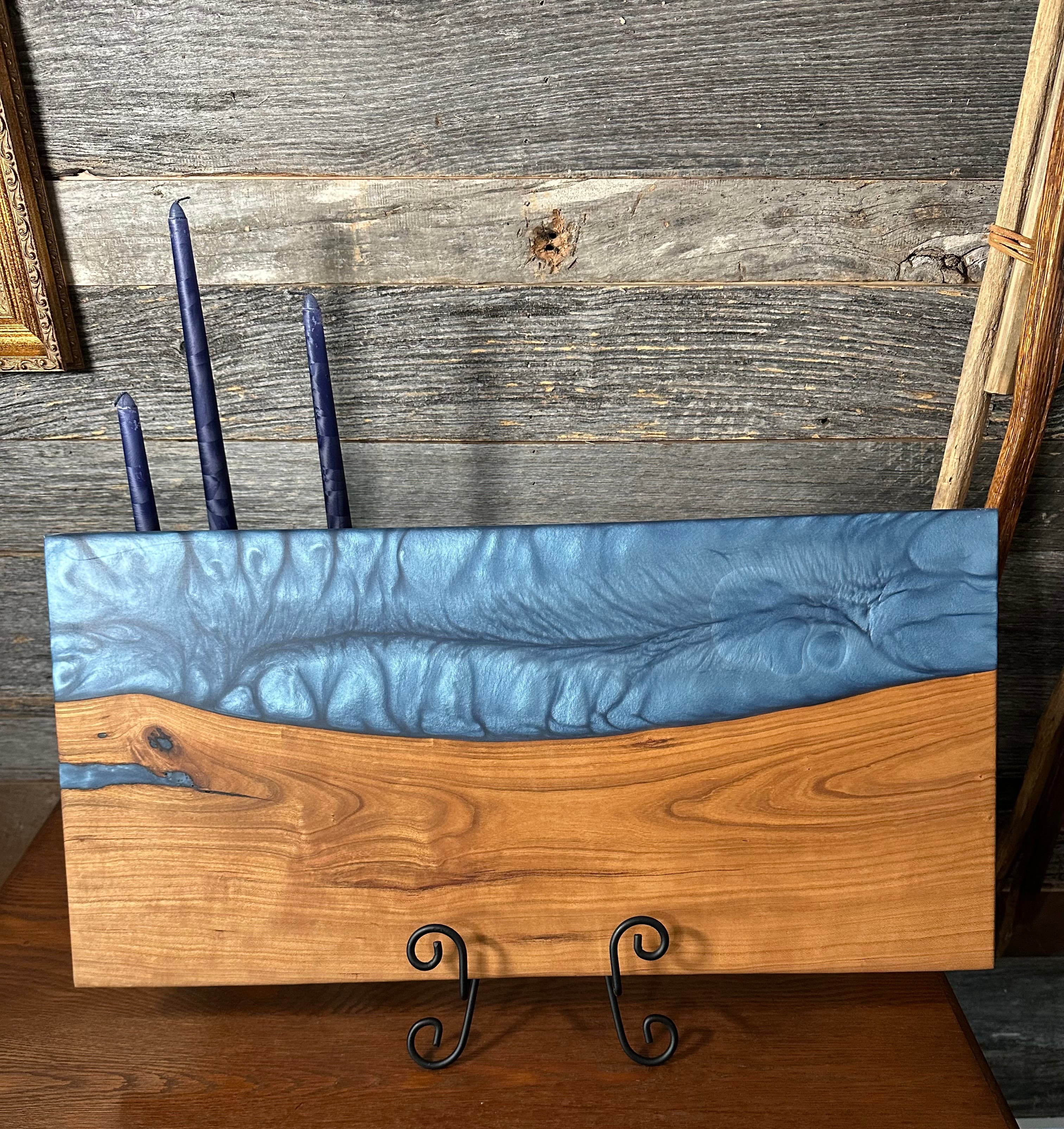 Live Edge Cherry Wood with Shimmering Blue Resin River Charcuterie Board