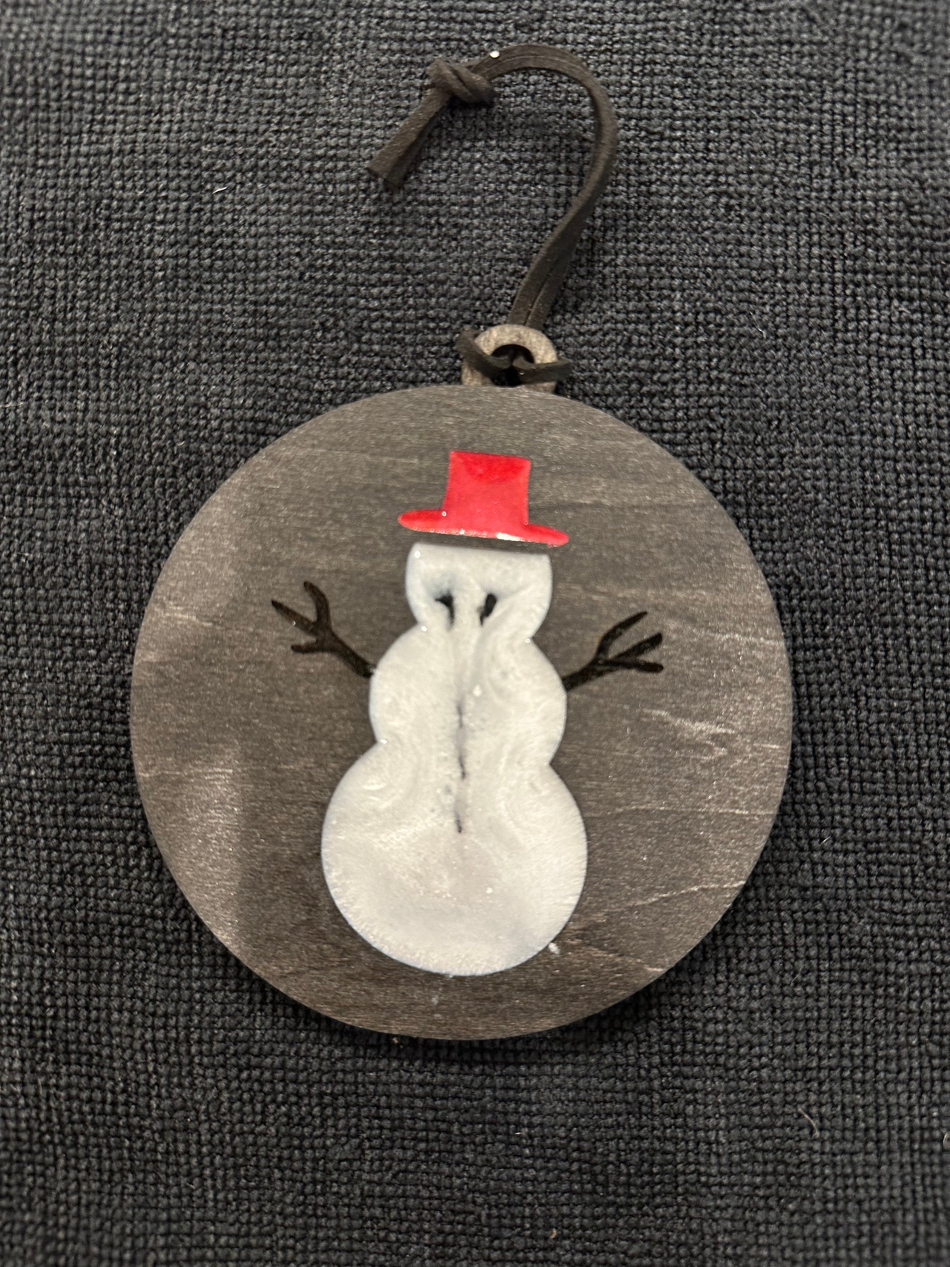 Handmade Resin and Wood Snowman Ornament