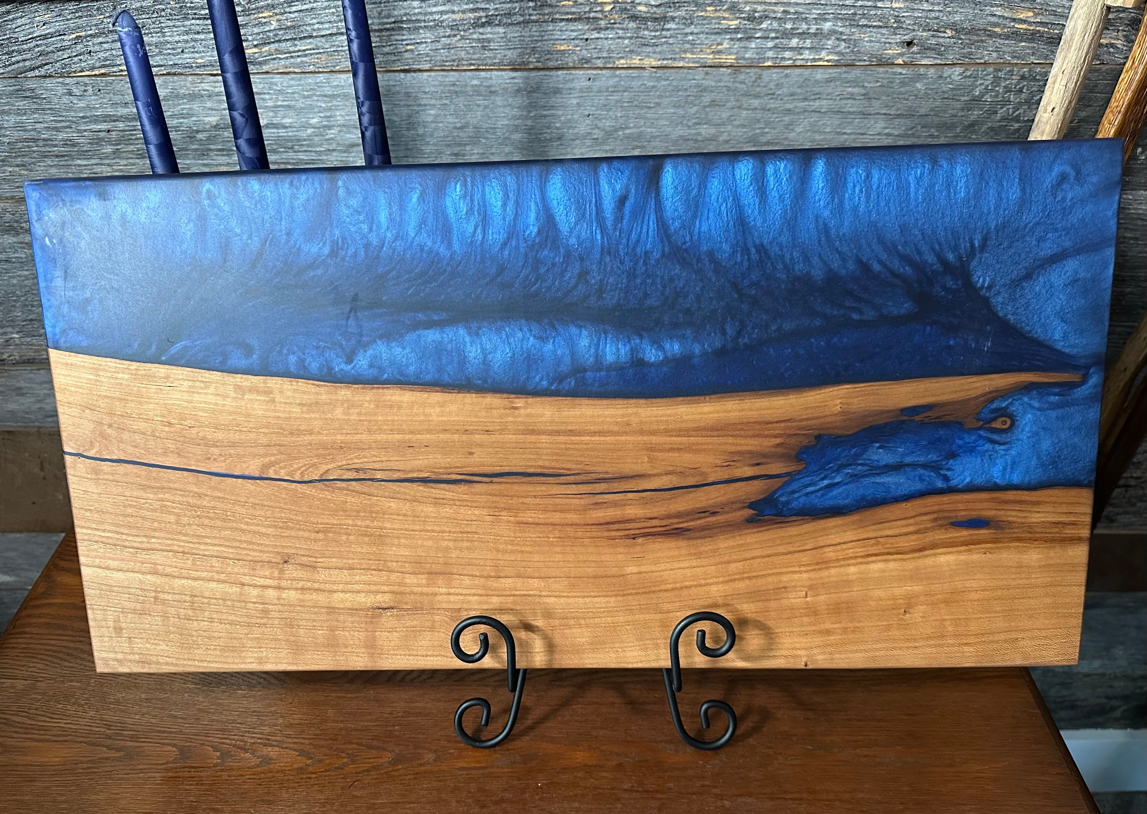 Nokon Blue Epoxy River and Cherry Wood Live Edge Charcuterie Board