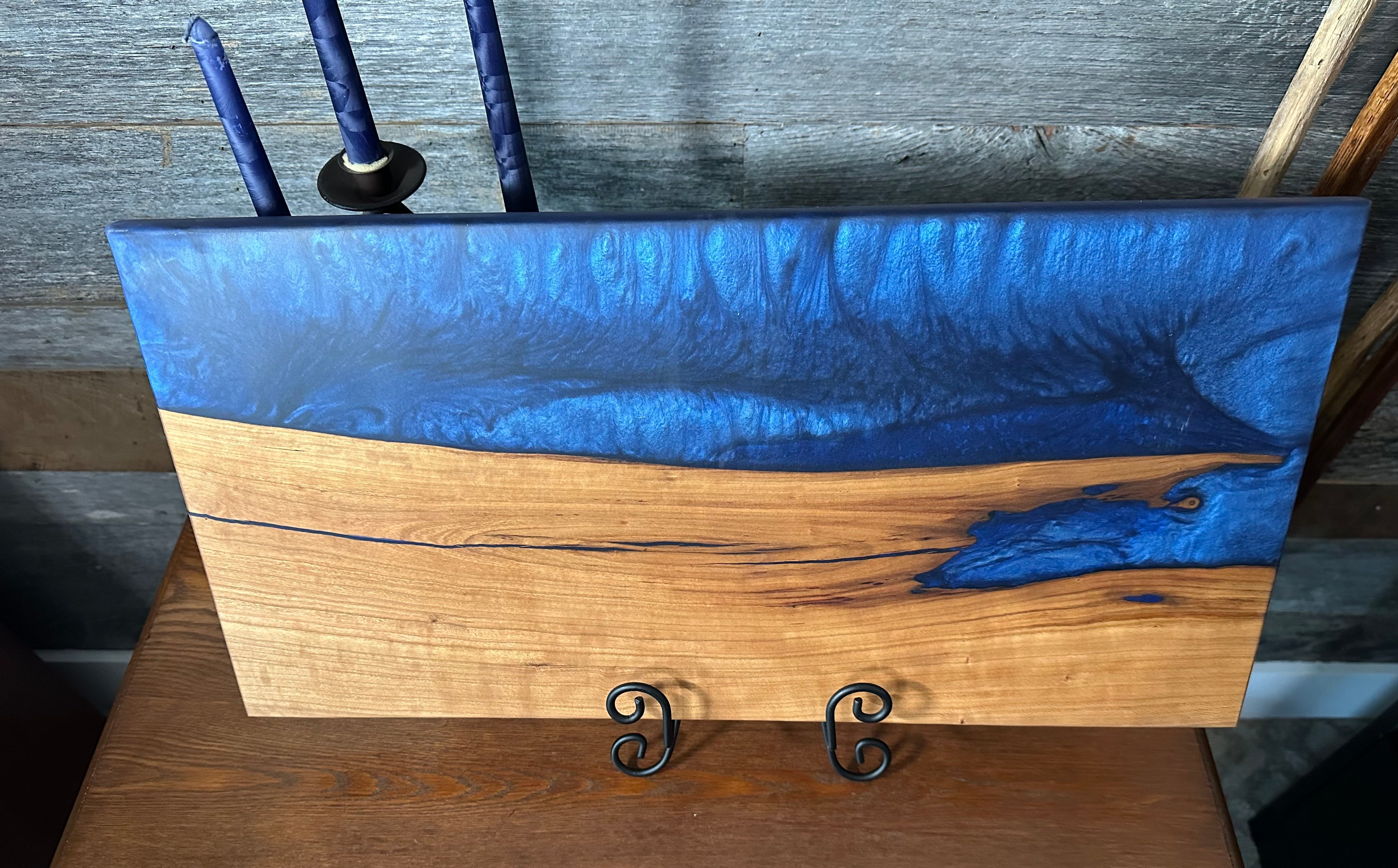 Nokon Blue Epoxy River and Cherry Wood Live Edge Charcuterie Board