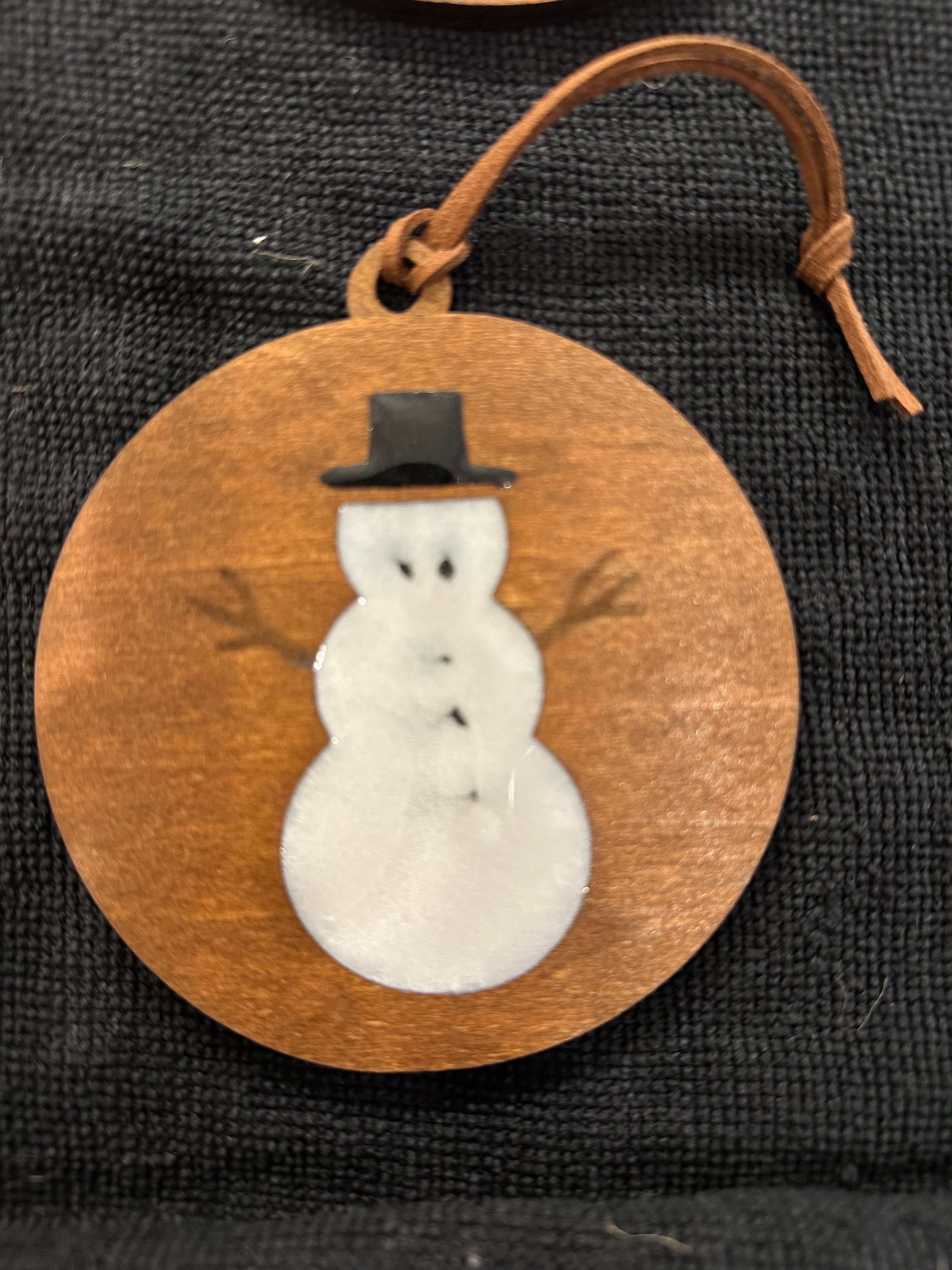 Handmade Resin and Wood Snowman Ornament