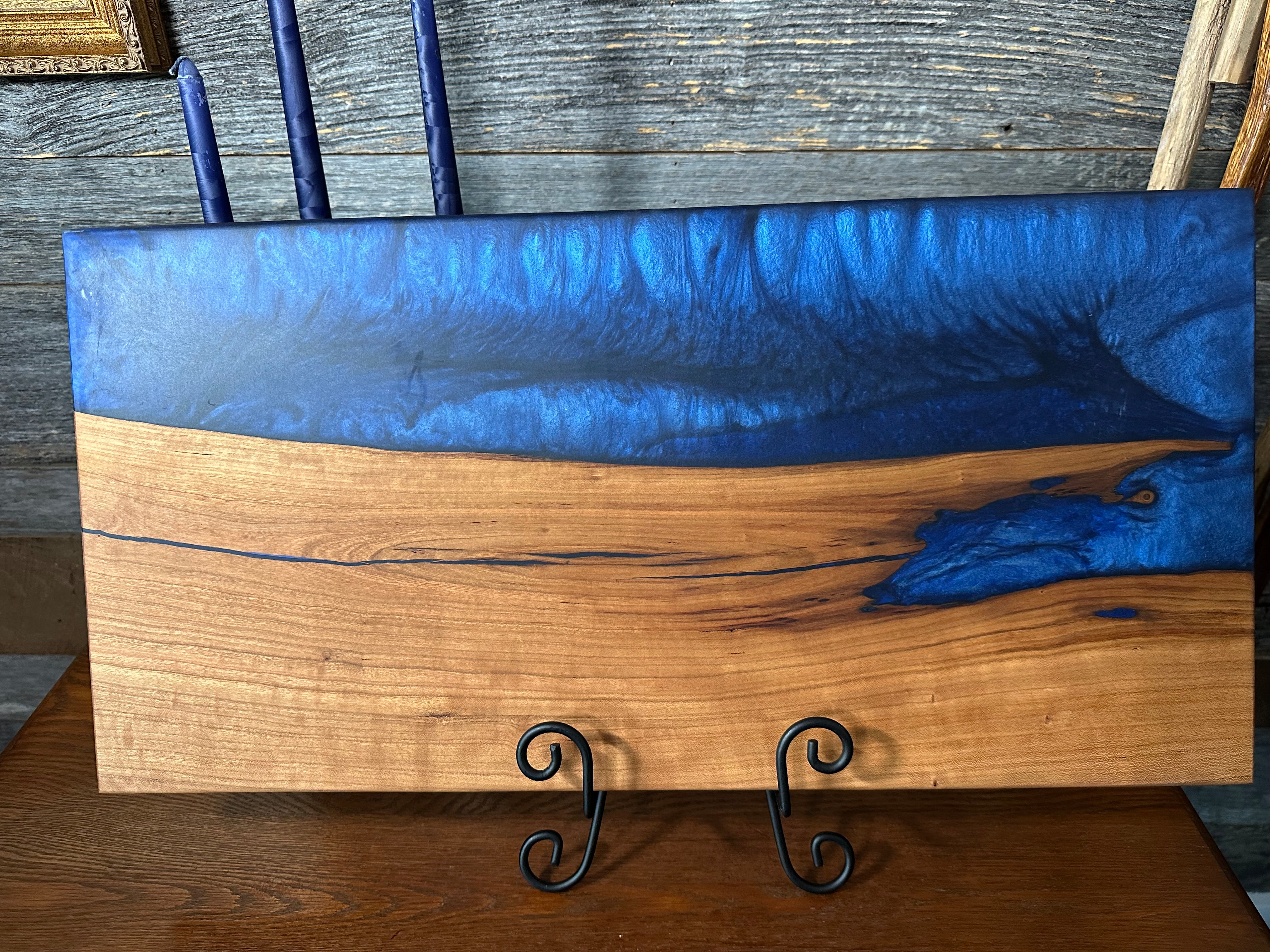 Nokon Blue Epoxy River and Cherry Wood Live Edge Charcuterie Board
