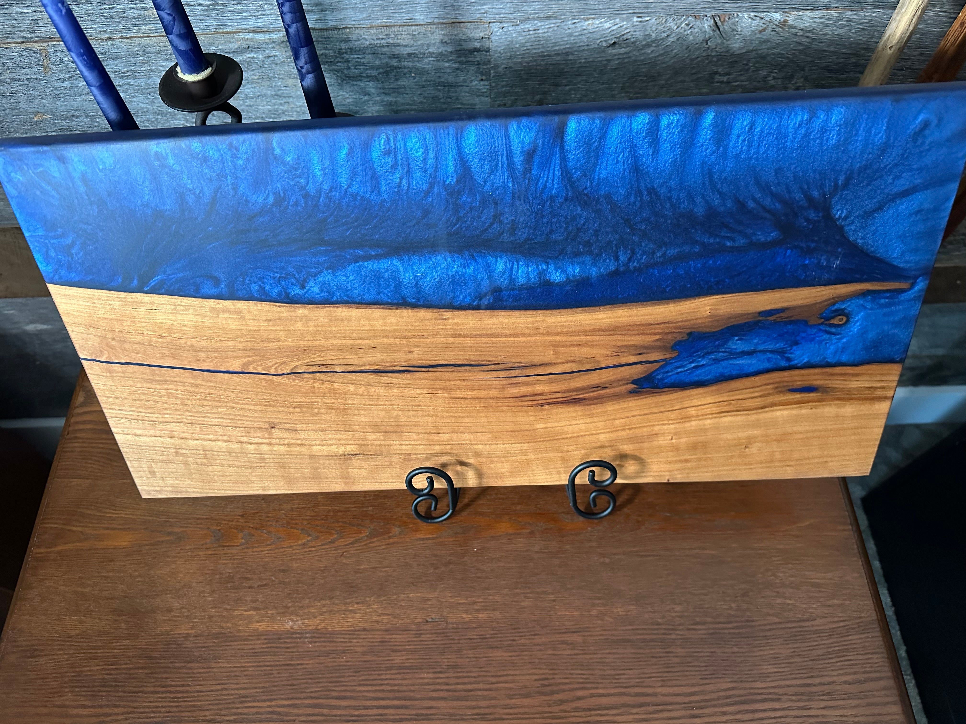 Nokon Blue Epoxy River and Cherry Wood Live Edge Charcuterie Board