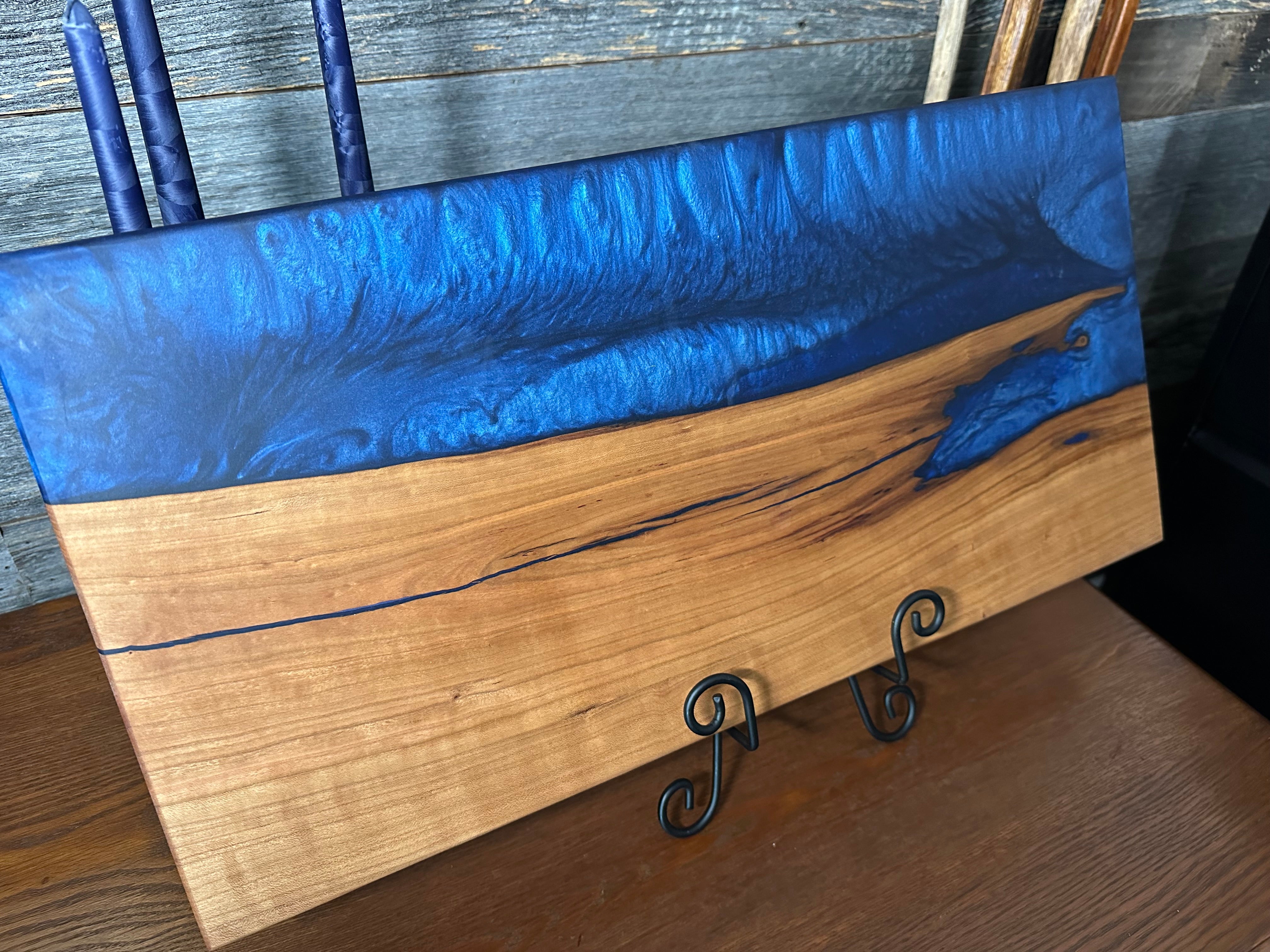 Nokon Blue Epoxy River and Cherry Wood Live Edge Charcuterie Board