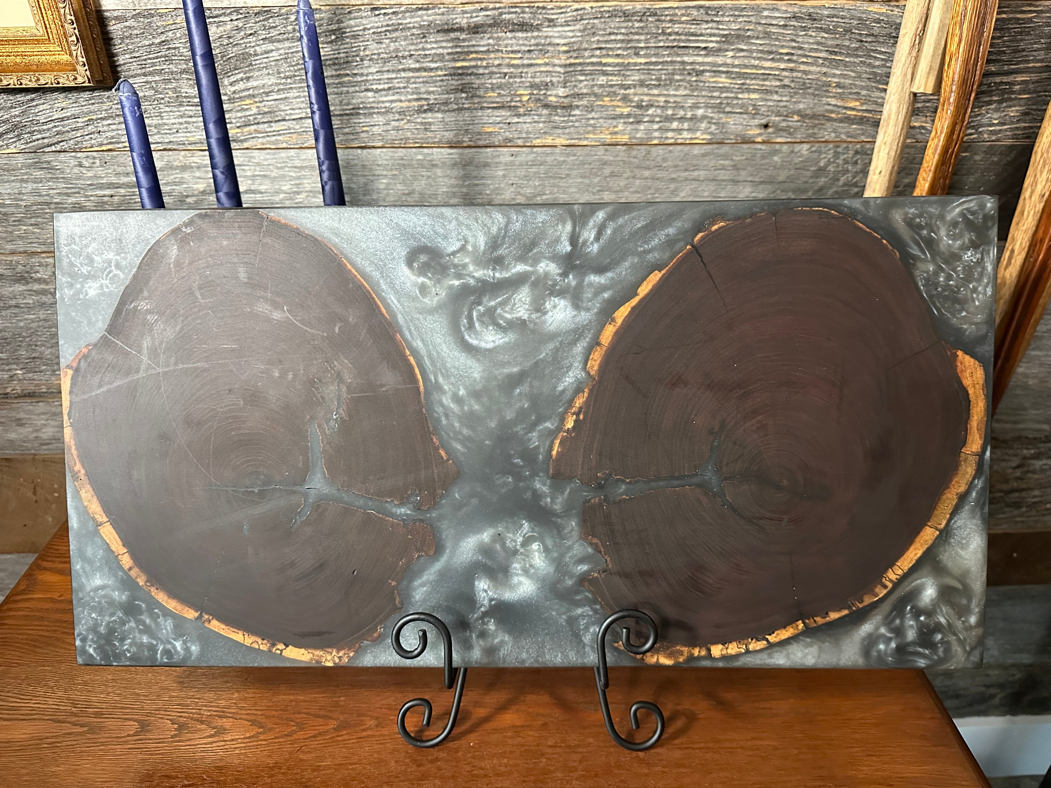 Live Edge Black Walnut End-Grain with Shimmering Silver Resin River Charcuterie Board