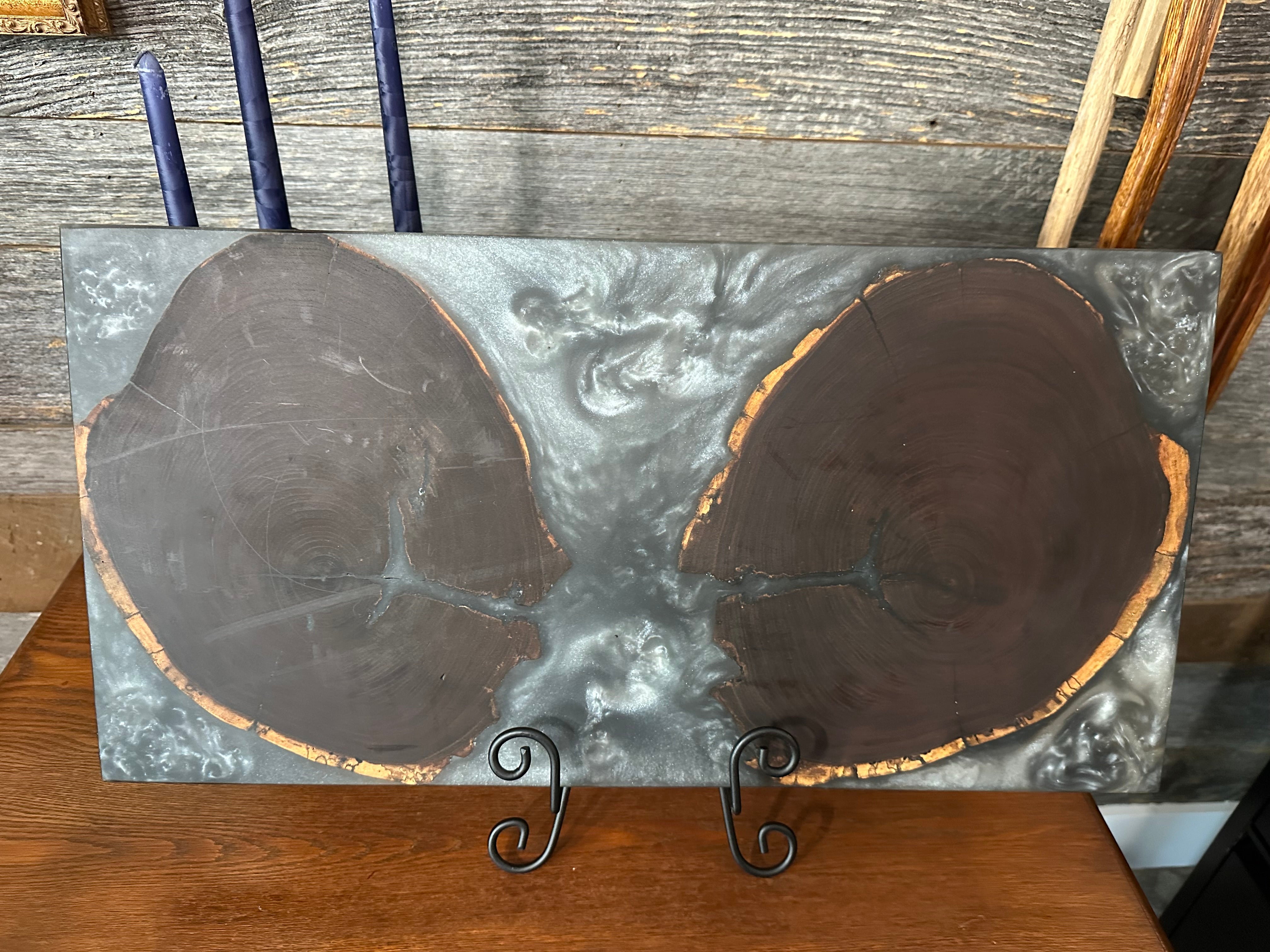 Live Edge Black Walnut End-Grain with Shimmering Silver Resin River Charcuterie Board