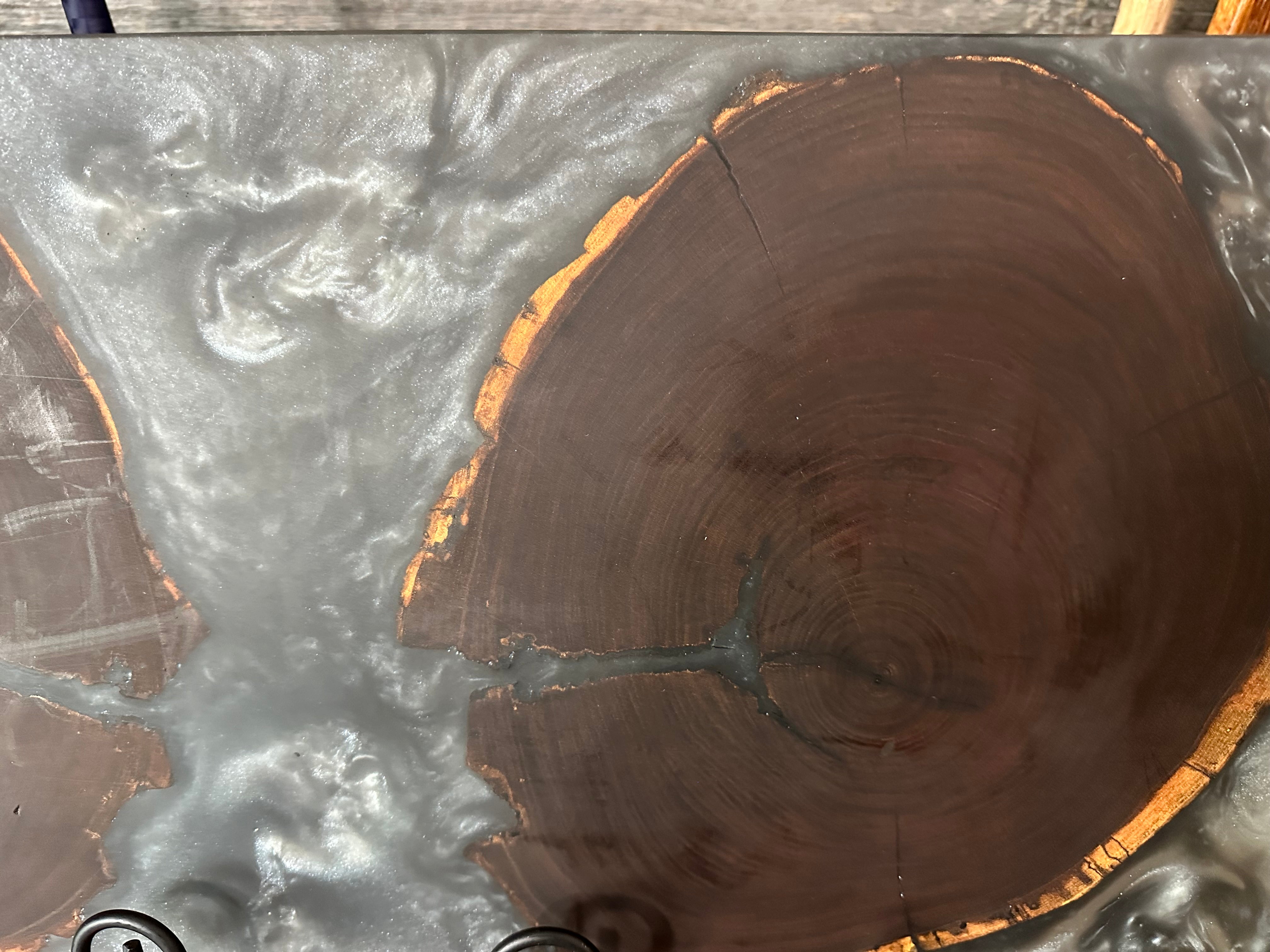 Live Edge Black Walnut End-Grain with Shimmering Silver Resin River Charcuterie Board