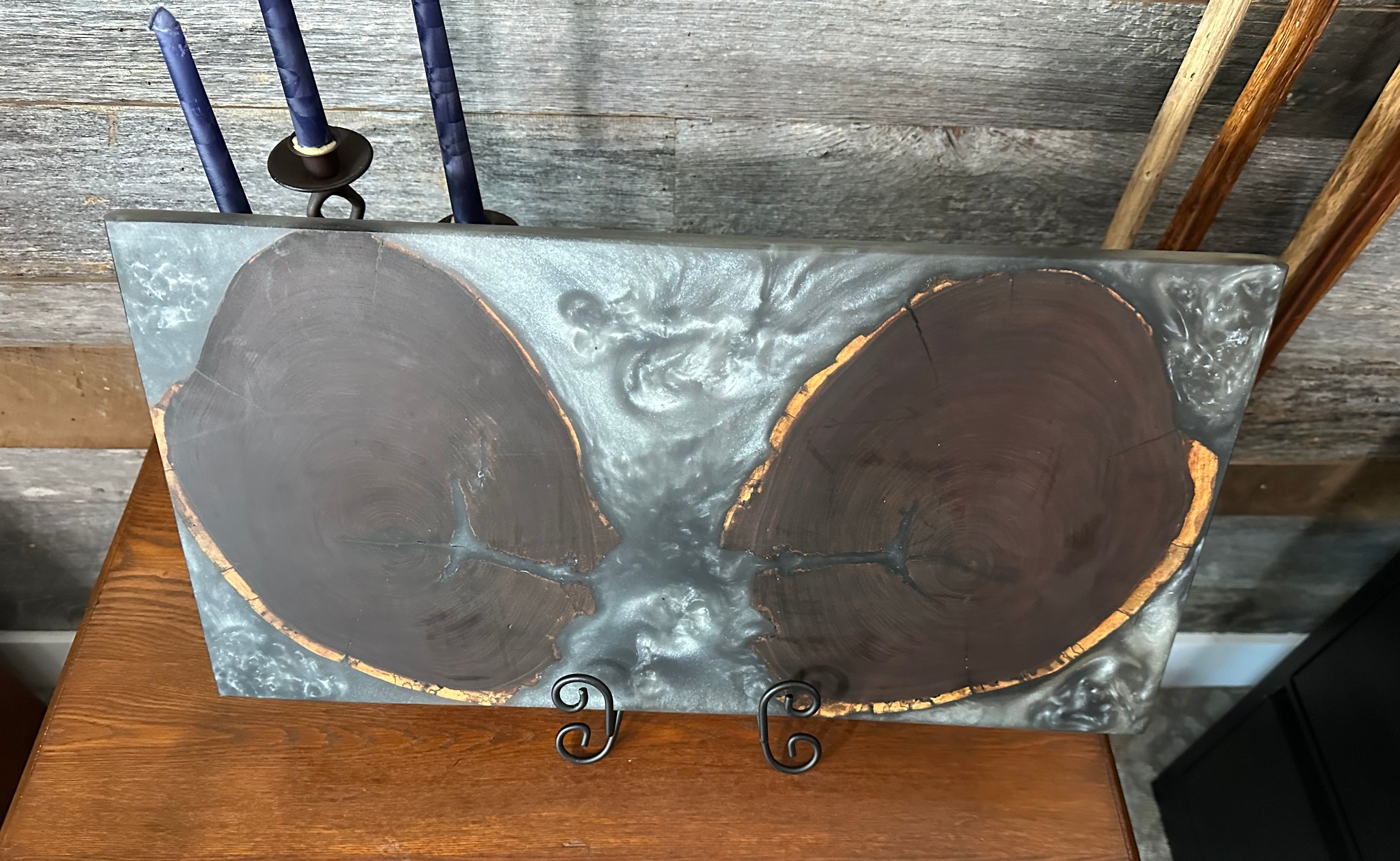 Live Edge Black Walnut End-Grain with Shimmering Silver Resin River Charcuterie Board