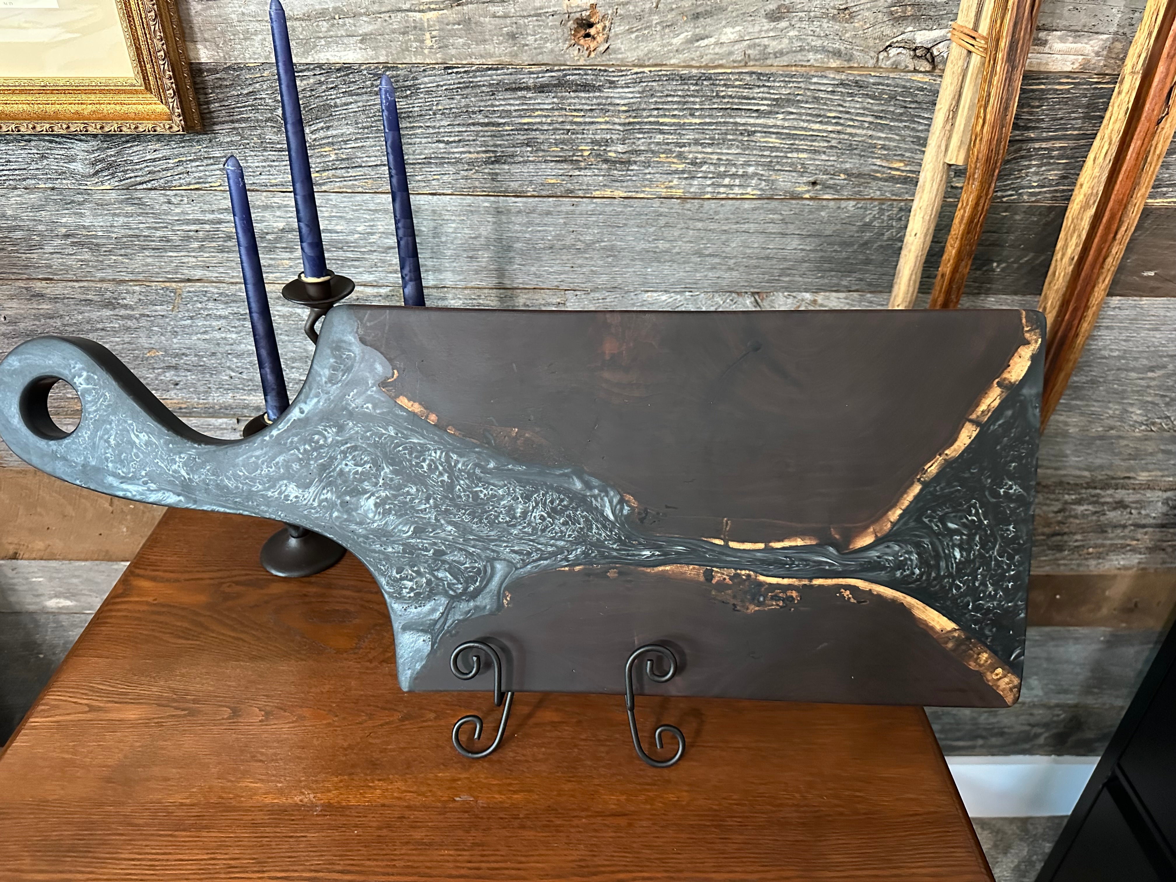 Black Walnut and Metallic Silver Epoxy Resin "River" Paddle Board with Handle