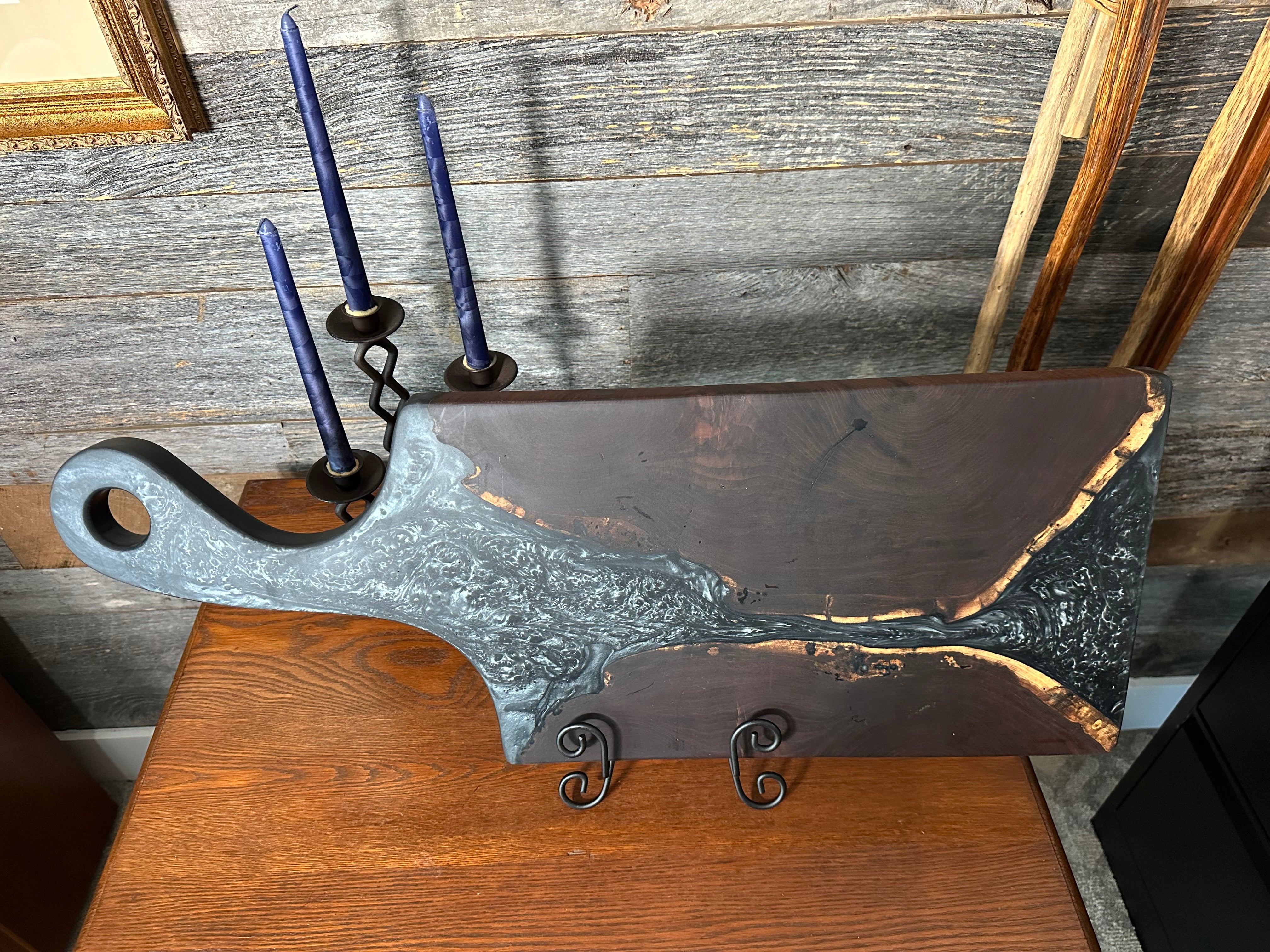 Black Walnut and Metallic Silver Epoxy Resin "River" Paddle Board with Handle