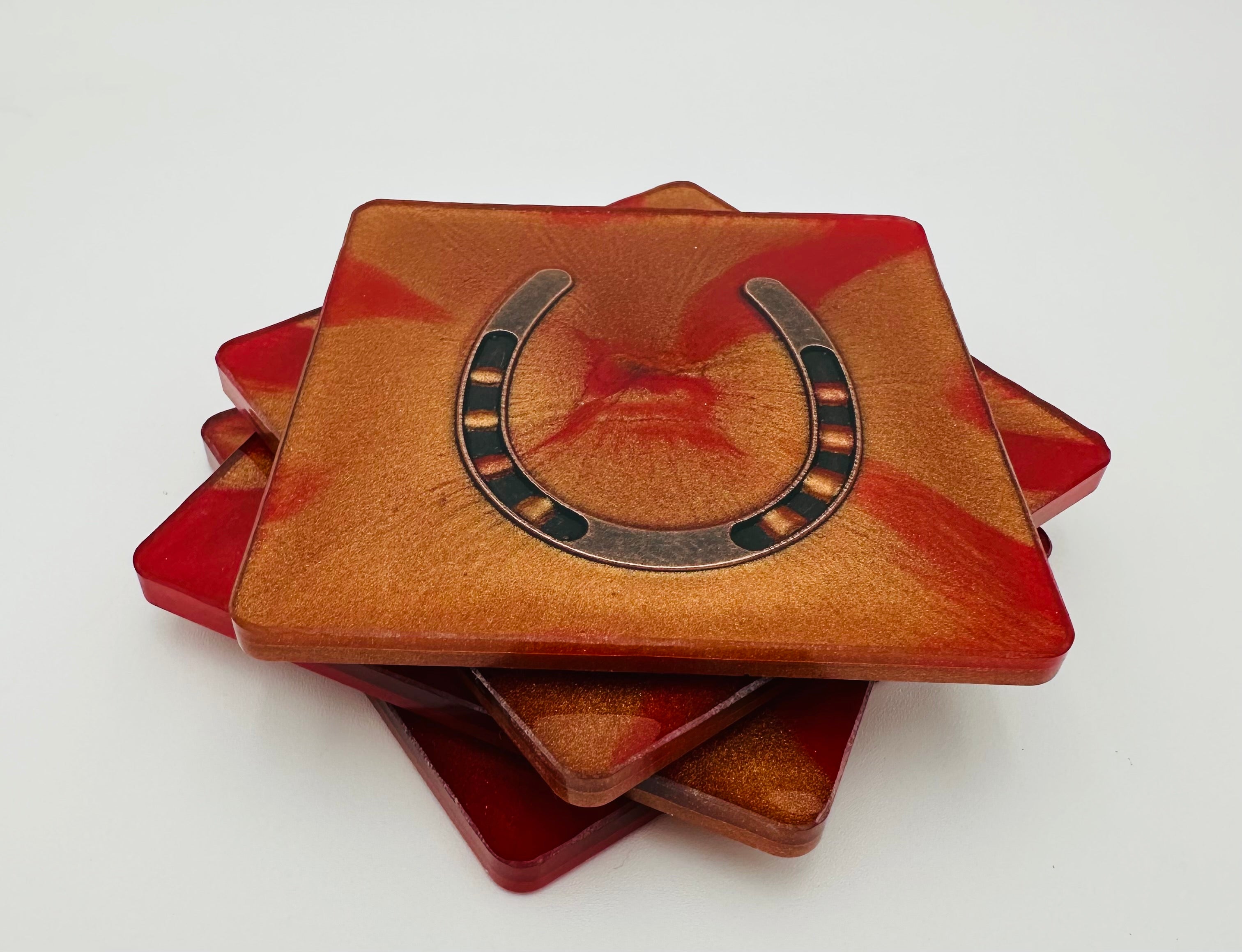 Handcrafted Resin Coasters with Horseshoe Inlay, Set of 4