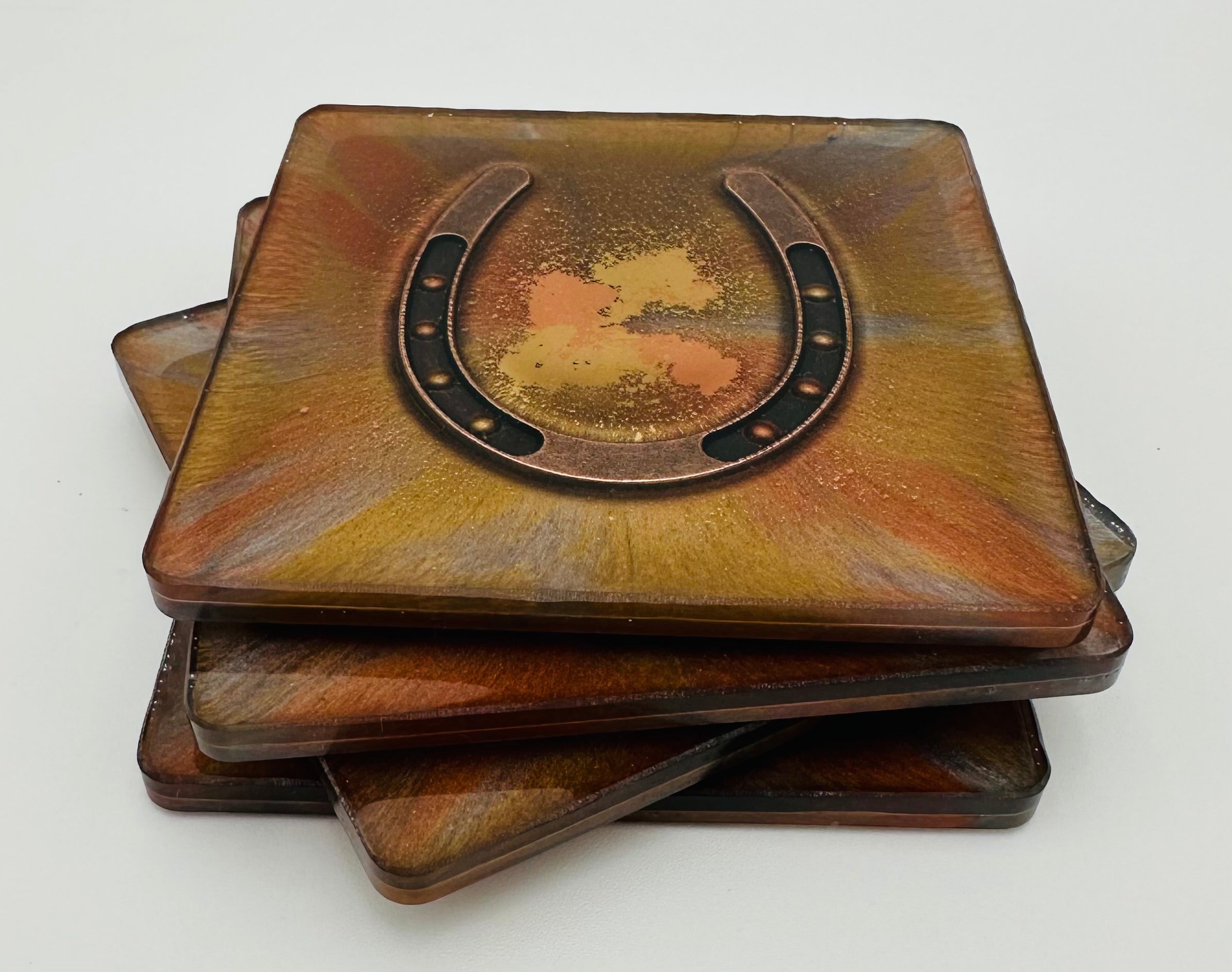 Handcrafted Resin Coasters with Horseshoe Inlay, Set of 4